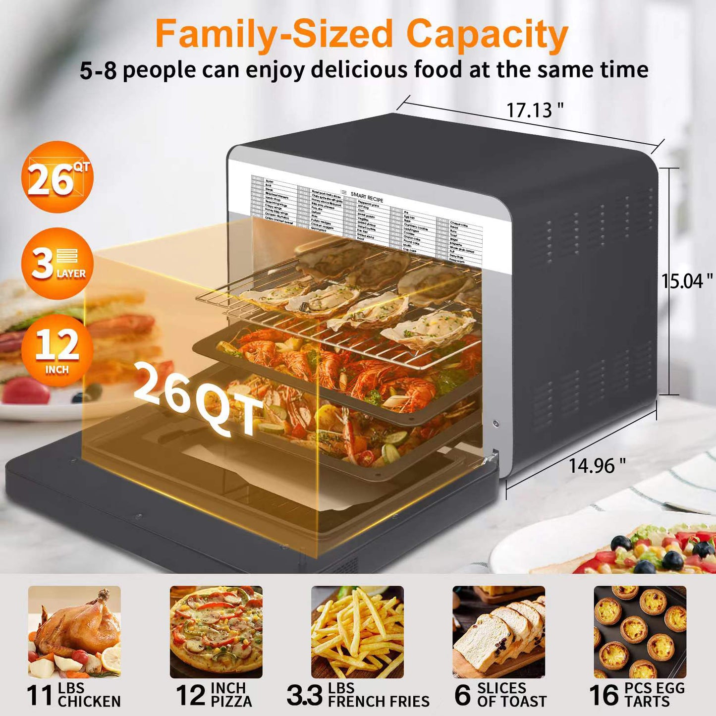 Steam Convection Oven with Air Fryer and Toast Function, 26 QT Capacity, Black Stainless Steel