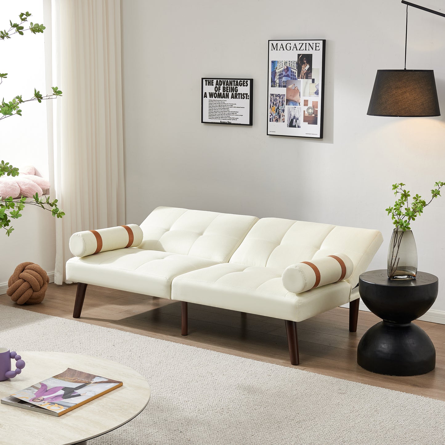 Convertible Sofa Bed Futon with Solid Wood Legs Linen Fabric Ivory