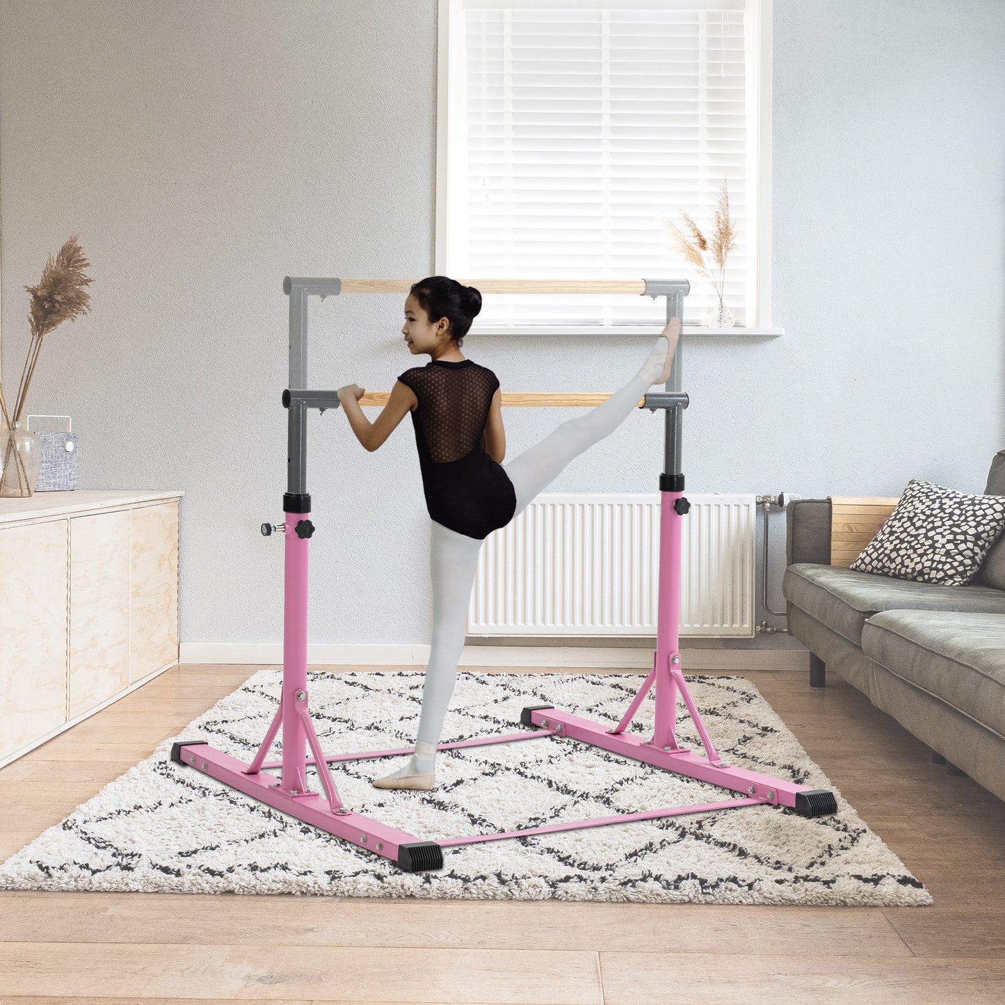 Pink Adjustable Gymnastics Horizontal Bar Set for Kids Home Use