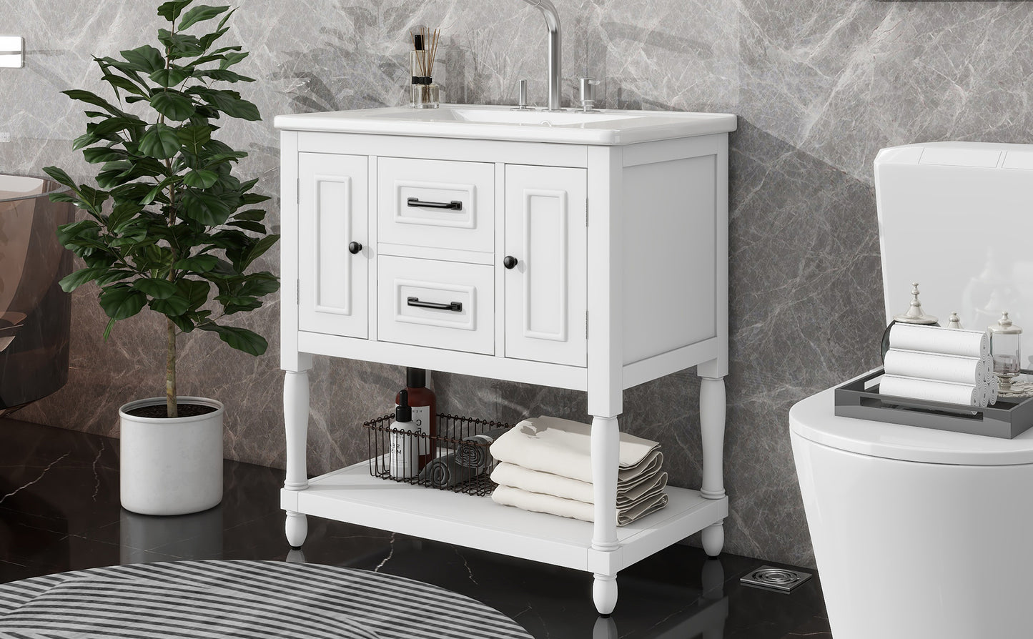 30" Bathroom Vanity with Sink Top, Bathroom Vanity Cabinet with Two Doors and Two Drawers, Solid Wood Frame, One Package, White