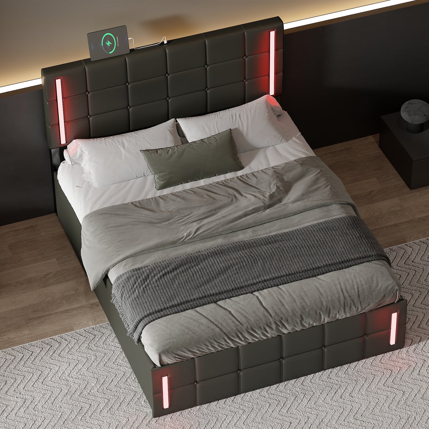 Full Size Upholstered Bed with LED Lights,Hydraulic Storage System and USB Charging Station,Black