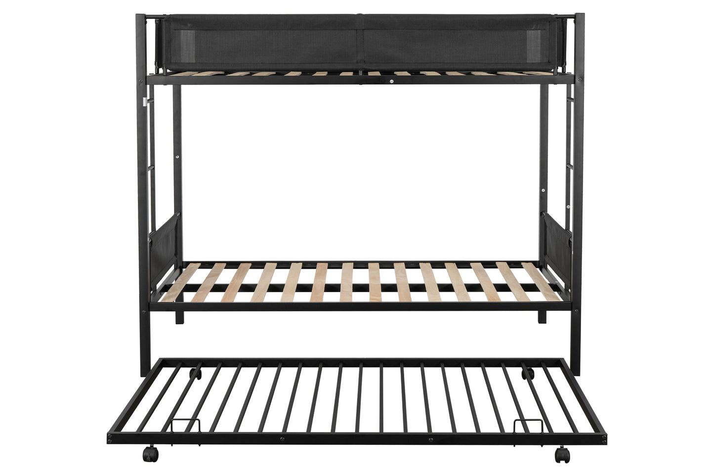 Metal Twin Bunk Bed with Trundle and Textilene Guardrails - Space-Saving Twin Over Twin Bunk Bed