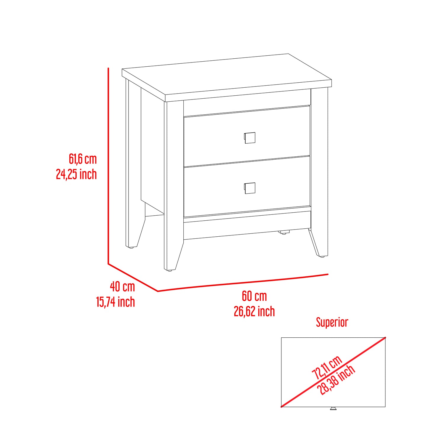 Amara Nightstand, Two Shelves, Four Legs -White