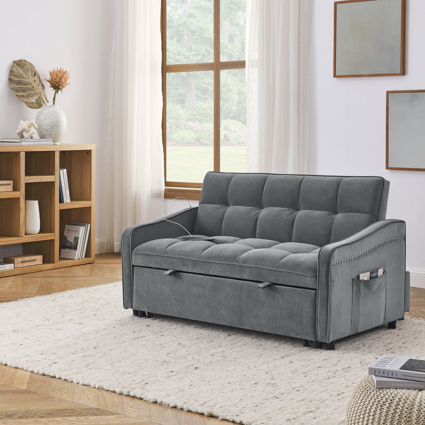 Loveseats Sofa Bed with Pull-out Bed,Adjsutable Back and Two Arm Pocket,TypeC and USB Charging with Copper nail,Grey (47"x53"x31")