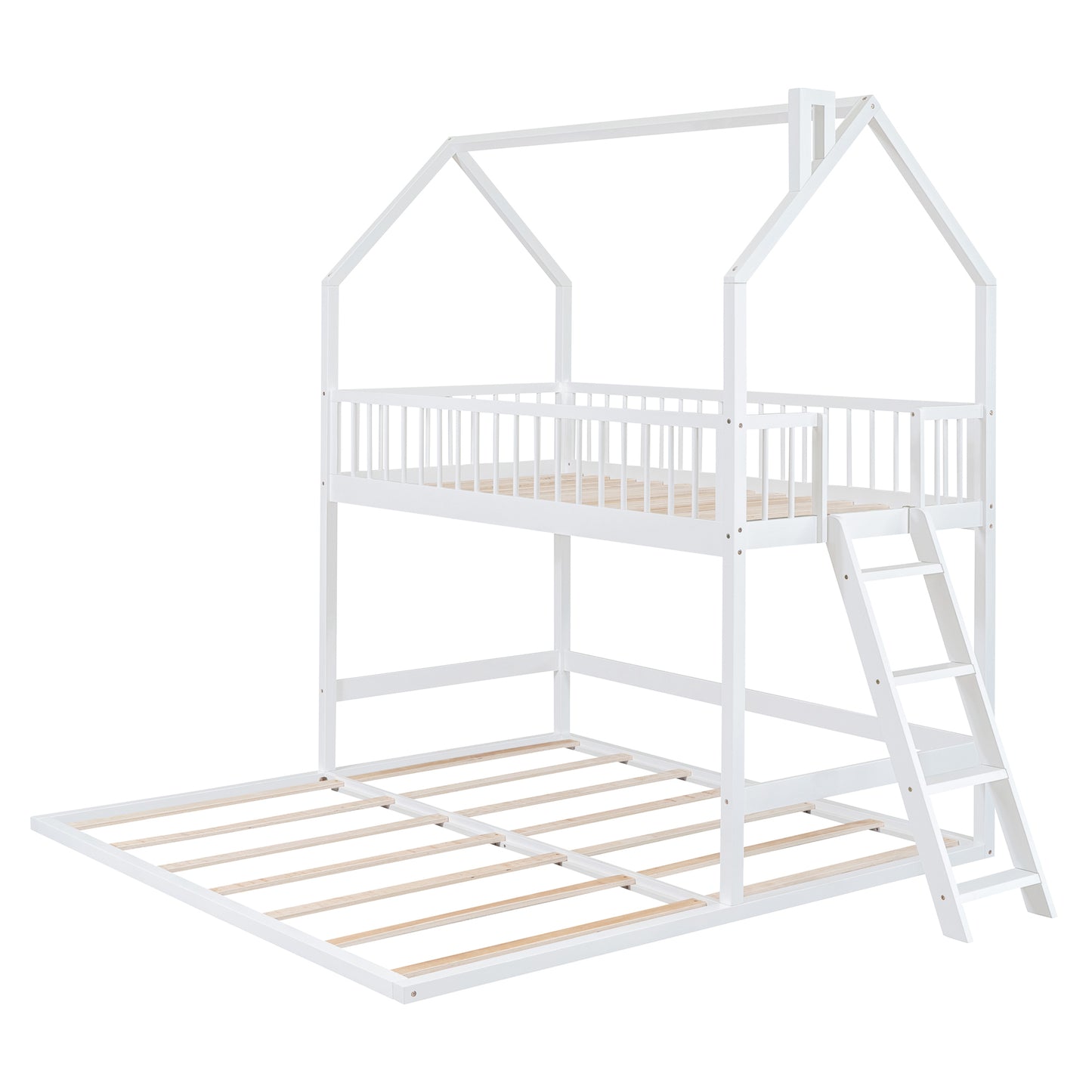 House-Shaped Twin Bunk Bed with Trundle, Ladder, and Twin Over Twin Size Sleep Space