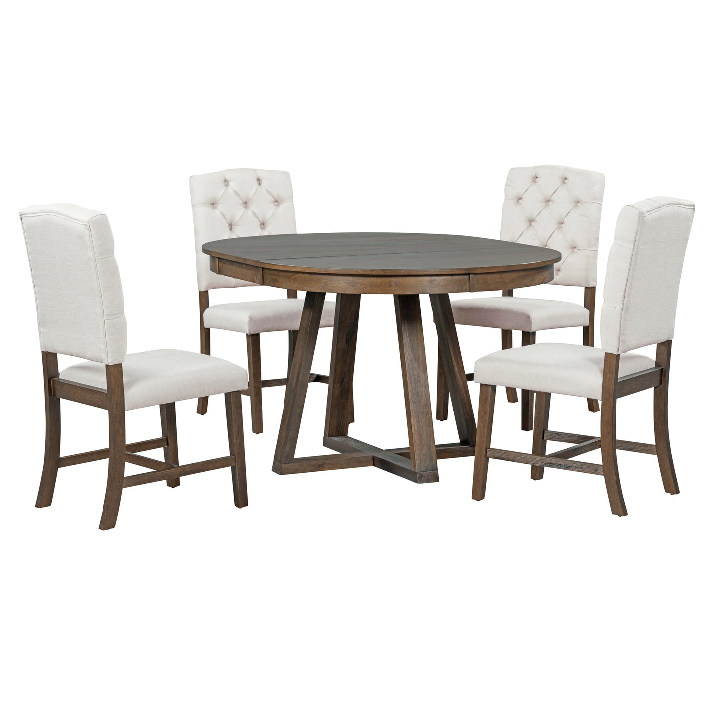 TREXM 5-Piece Retro Functional Dining Set, Round Table with a 16"W Leaf and 4 Upholstered Chairs for Dining Room and Living Room (Walnut)