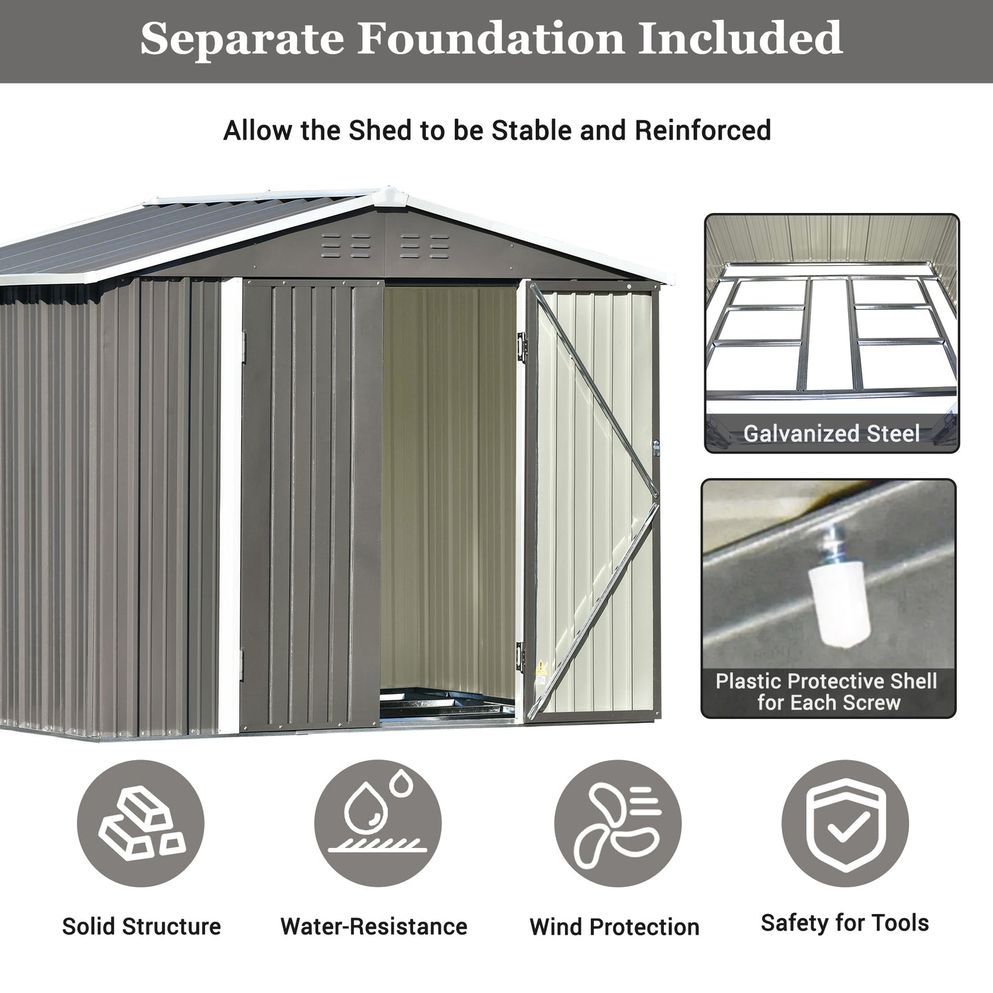 Patio 8ft x6ft Bike Shed Garden Shed, Metal Storage Shed with Adjustable Shelf and Lockable Doors, Tool Cabinet with Vents and Foundation Frame for Backyard, Lawn, Garden, Gray