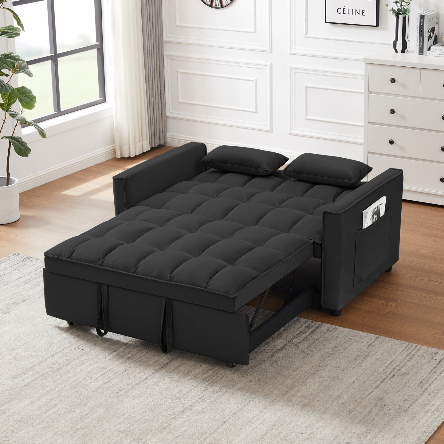 Modern Velvet Loveseat Futon Sofa Couch w/Pullout Bed, Small Love Seat Lounge Sofa w/Reclining Backrest, Toss Pillows, Pockets, Furniture for Living Room,3 in 1 Convertible Sleeper Sofa Bed,  Black