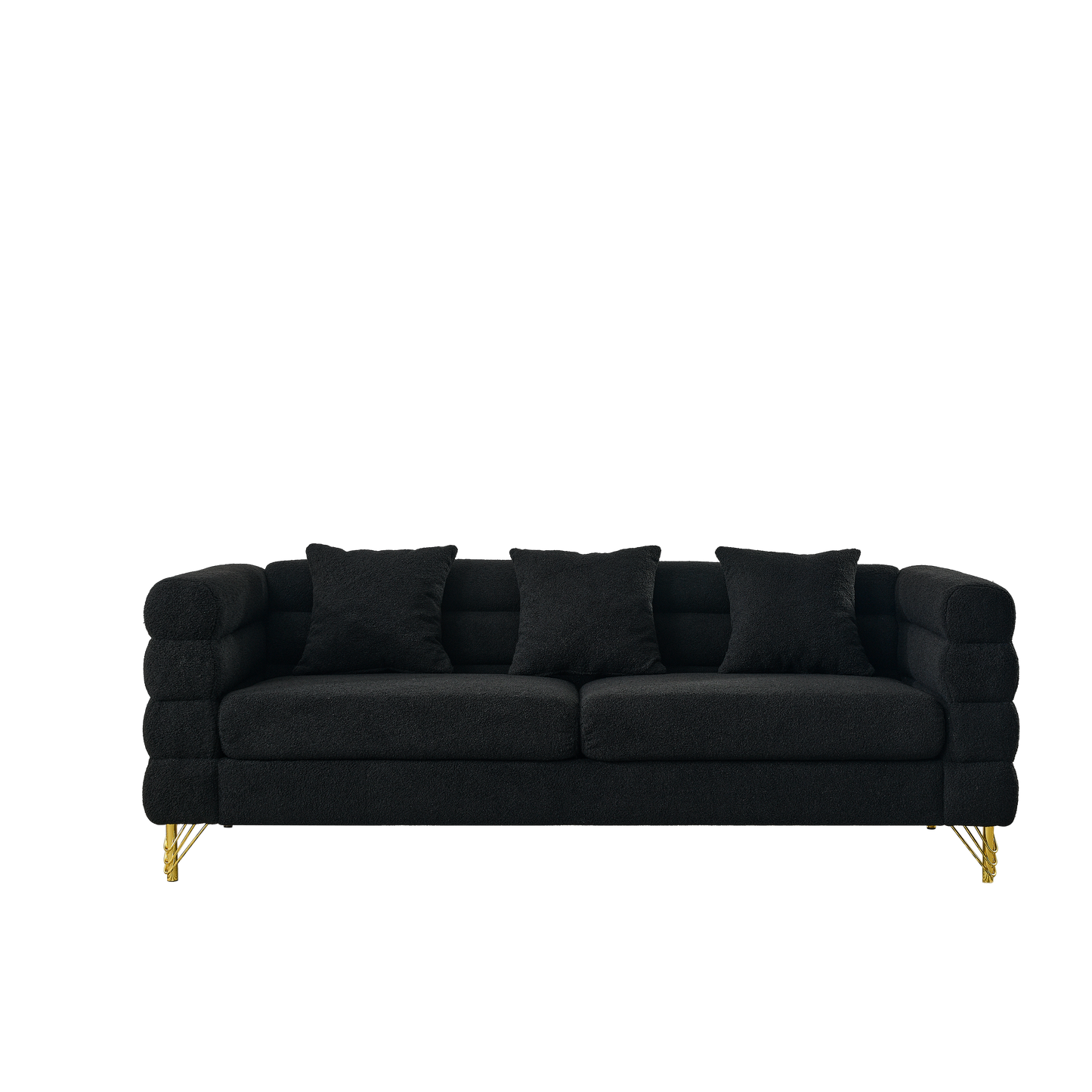 81 Inch Black Teddy Fabric 3-Seater Sectional Sofa with Lumbar Pillows