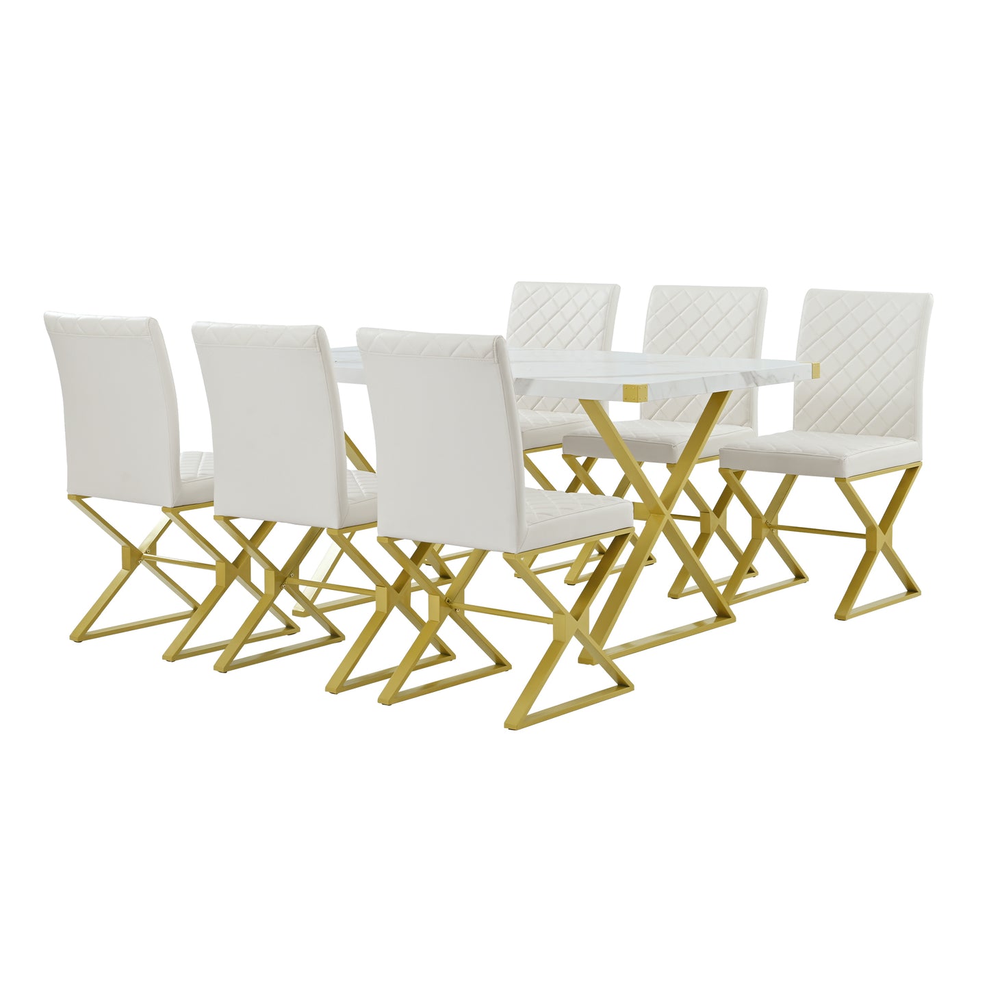 TREXM 7-Piece Modern Dining Table Set, Rectangular Marble Texture Kitchen Table and 6 PU leather Chairs with X-Shaped Gold Steel Pipe Legs for Dining Room (White)