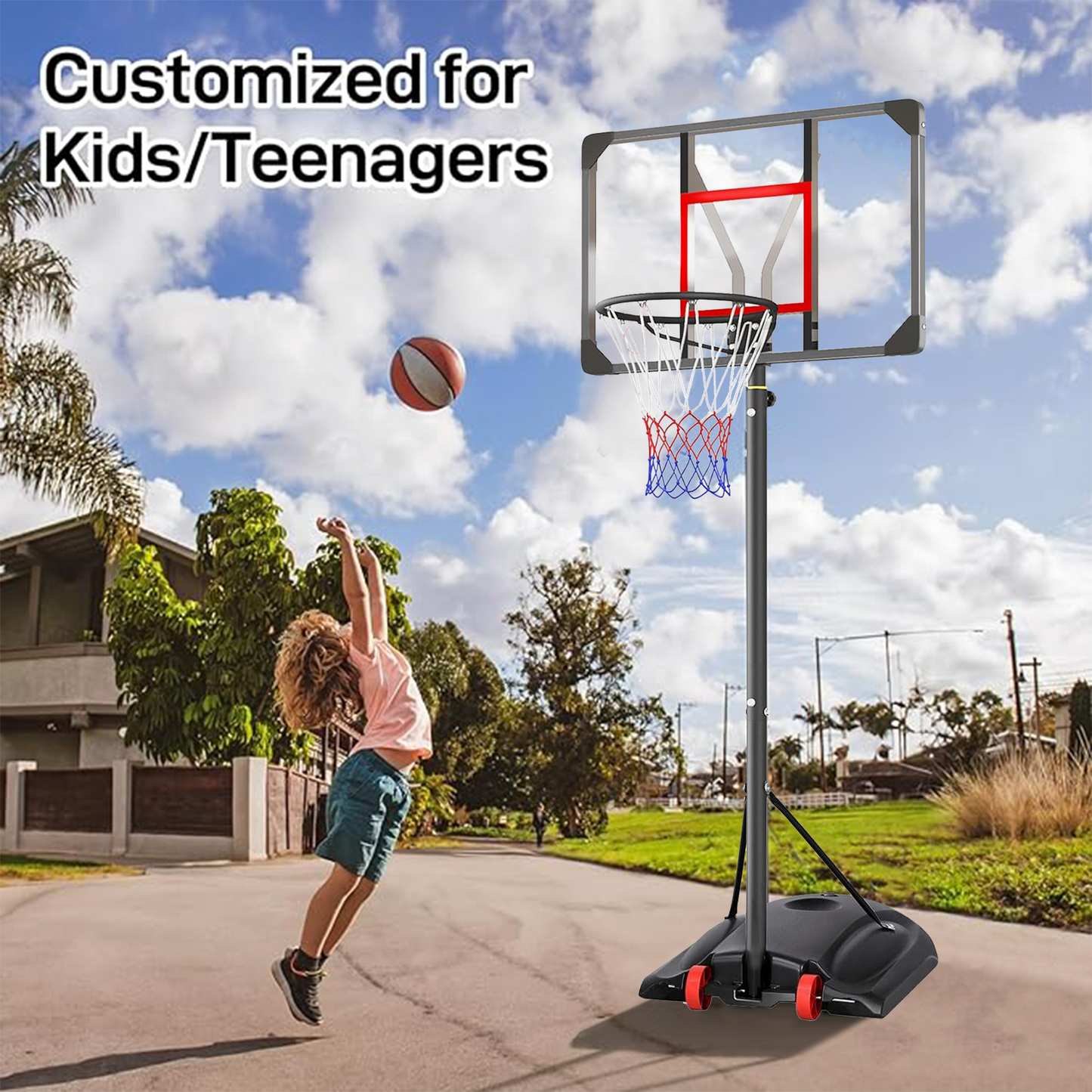 Basketball System,Adjustable Height 77" - 102"(6.46ft - 8.53ft) Portable Impact Backboard Outdoor Basketball Hoop with 33" PE Backboard for Adult