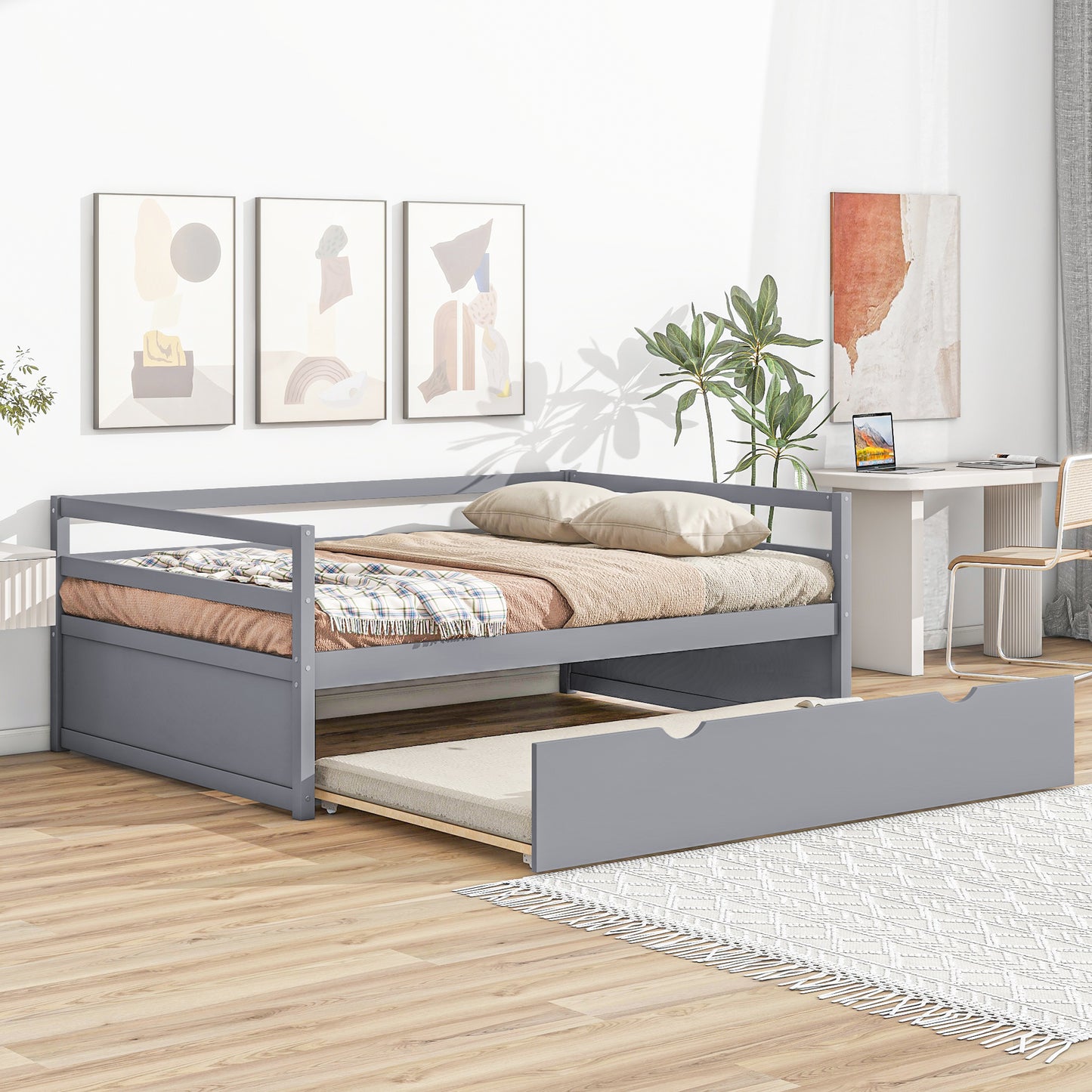 Twin Size Wood Daybed with Twin Size Trundle, Gray(Expected Arrival Time: 1.7)