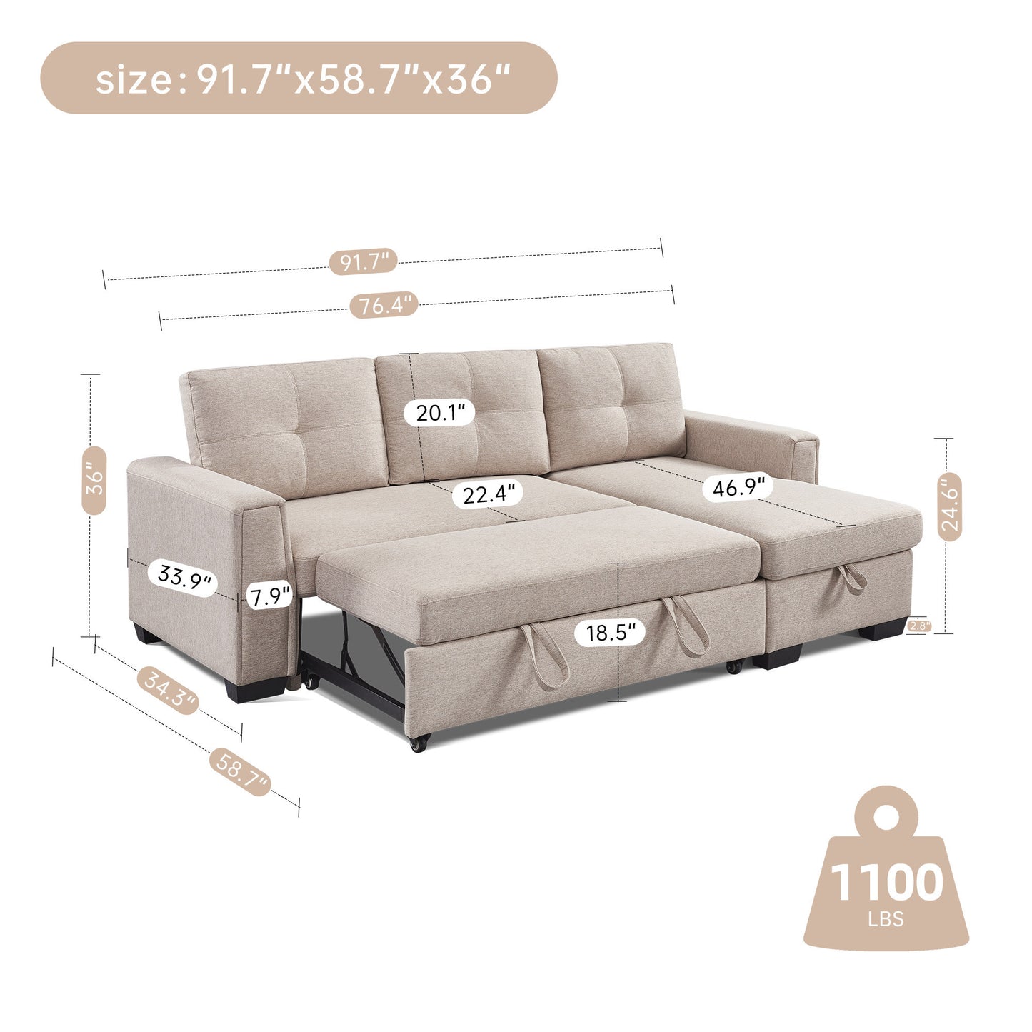 Modular Beige Fabric Sectional Sofa Bed with Storage Chaise & Convertible Sleeper