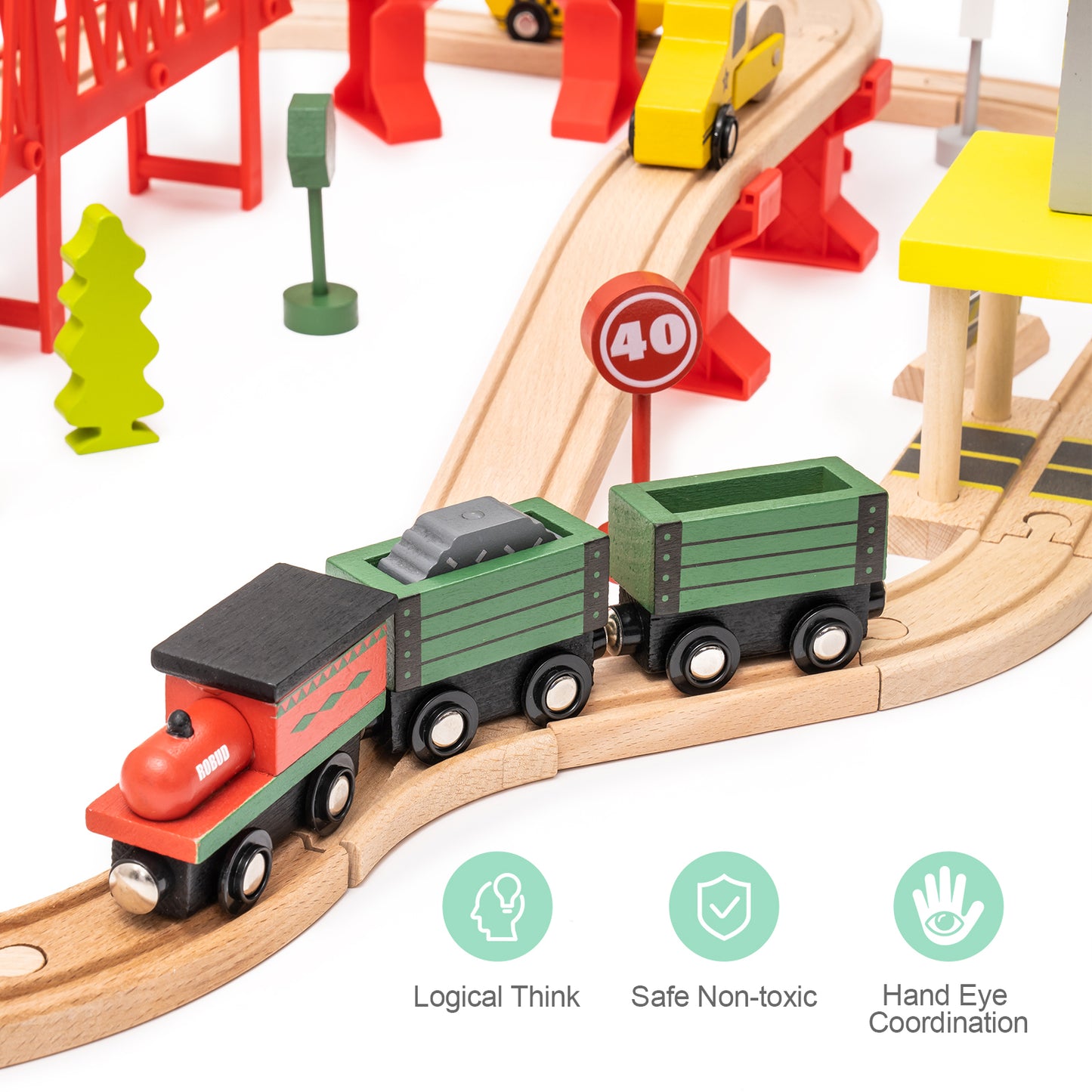 Wooden Train Set with Magnetic Trains and Mat - 64 pcs Accessories