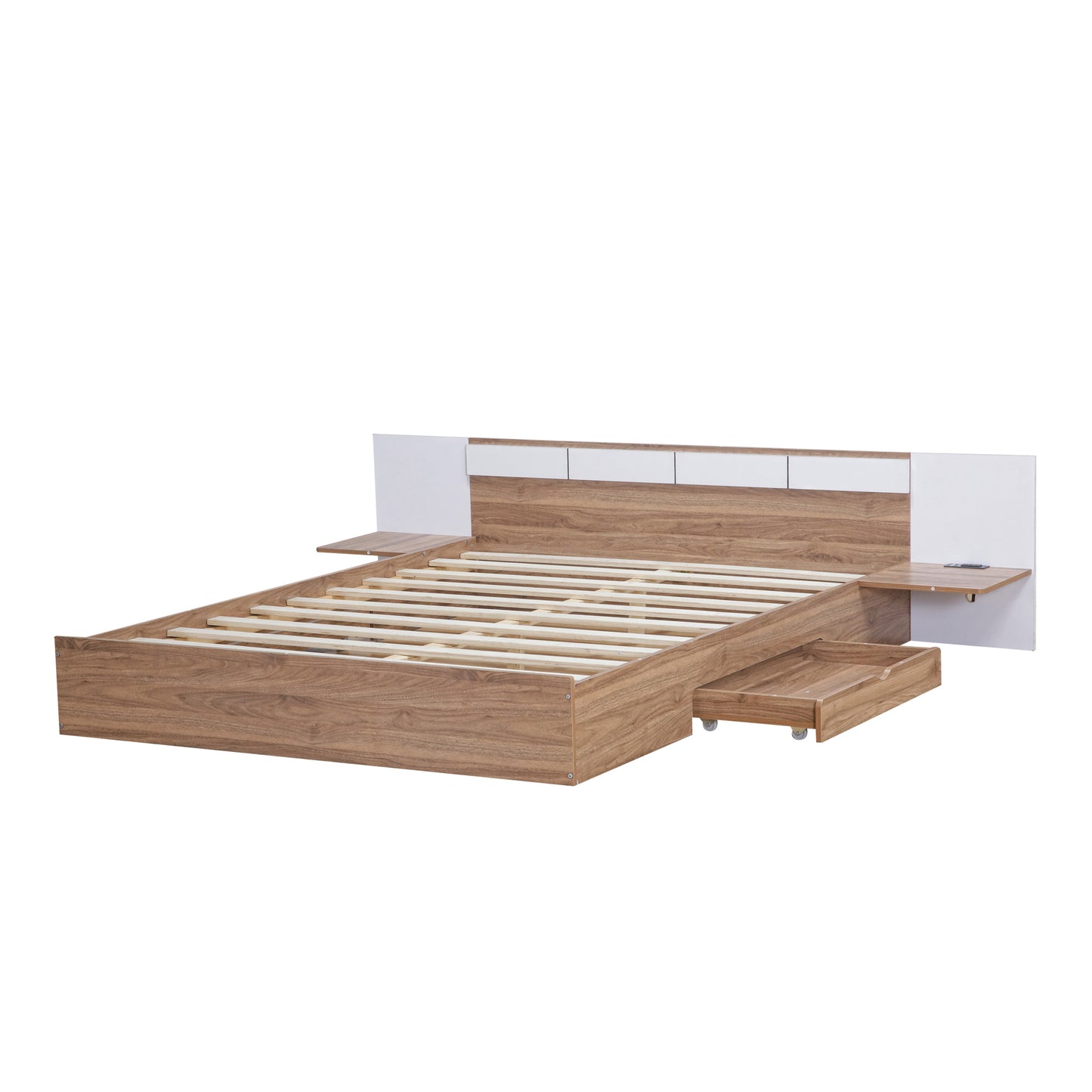 Queen Size Platform Bed with Headboard, Drawers, Shelves, USB Ports and Sockets, Natural