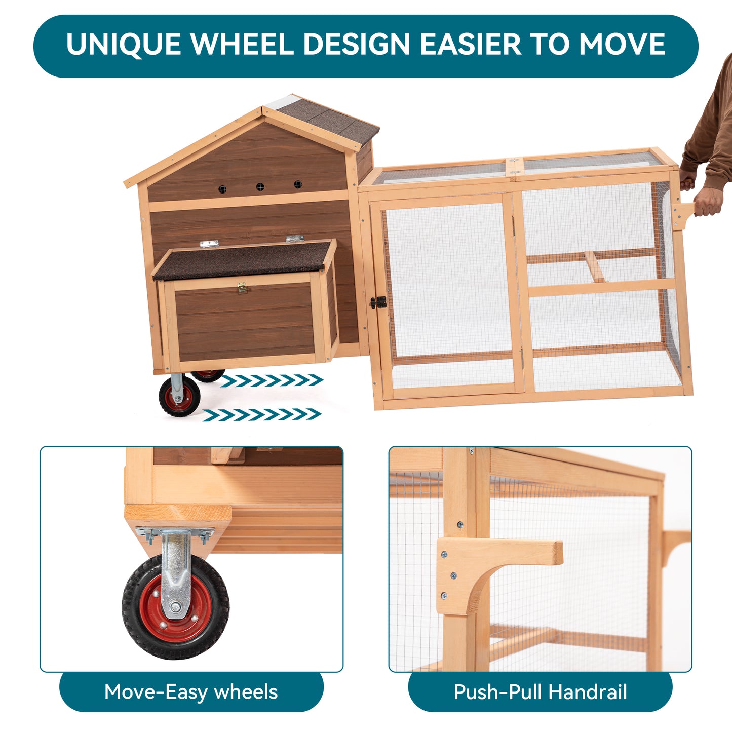 Chicken Coop with Wheels and handrails,Weatherproof Outdoor Chicken Coop with Nesting Box, Outdoor Hen House with Removable Bottom for Easy Cleaning, Weatherproof Poultry Cage, Rabbit Hutch, Wood Duck