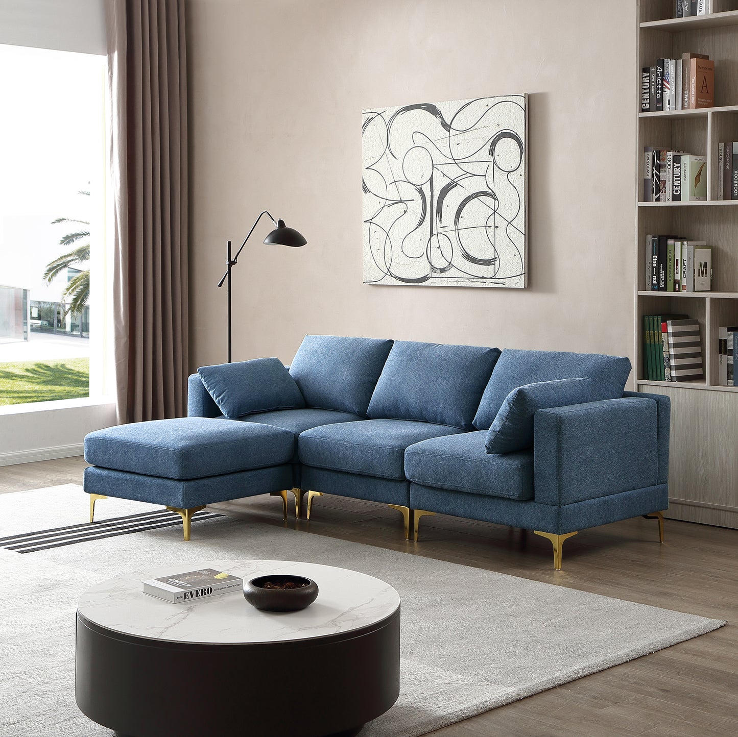 ADF Living Room Furniture Modern Leisure L Shape Couch Blue Fabric