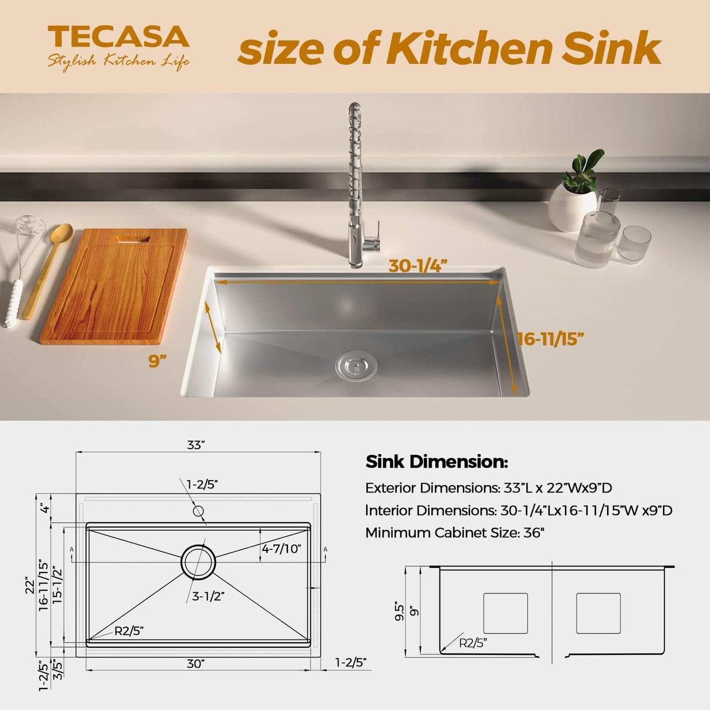 TECASA 33 inch Stainless Steel Kitchen Sink with Silent Operation and Efficient Drainage