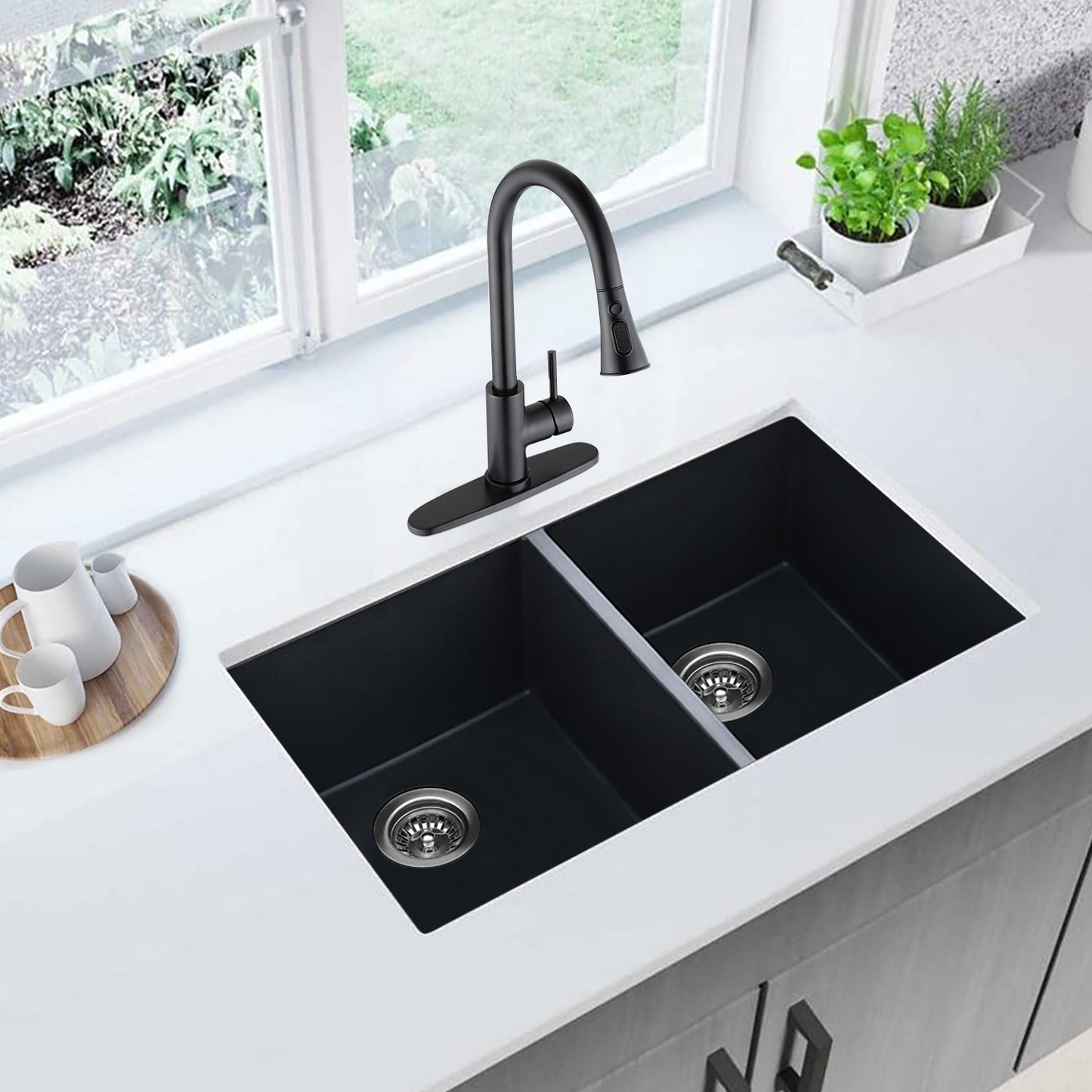 Matte Black Quartz Double Bowl Undermount Kitchen Sink 32 L X 18 W