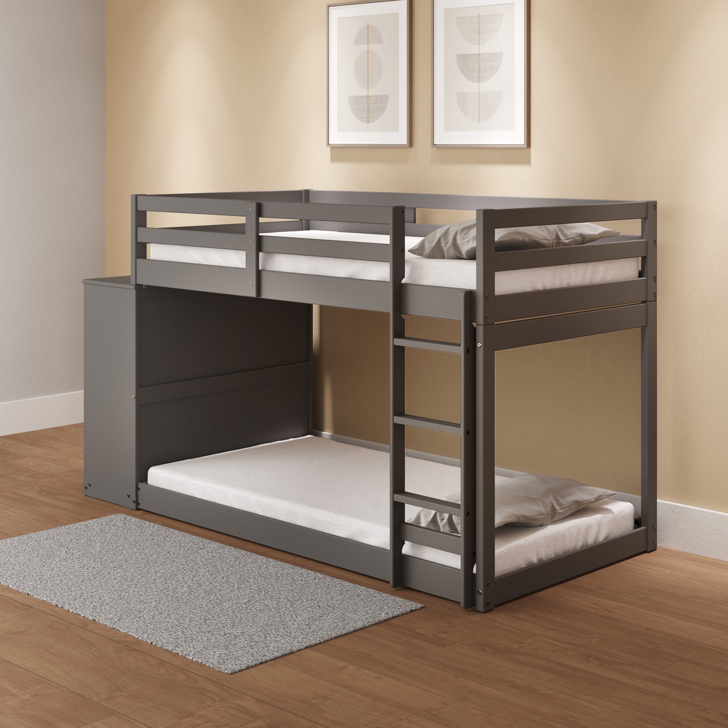 Gray Finish Twin Bunk Bed with Storage and Cabinet - Stylish and Functional Twin/Twin Bunk Bed