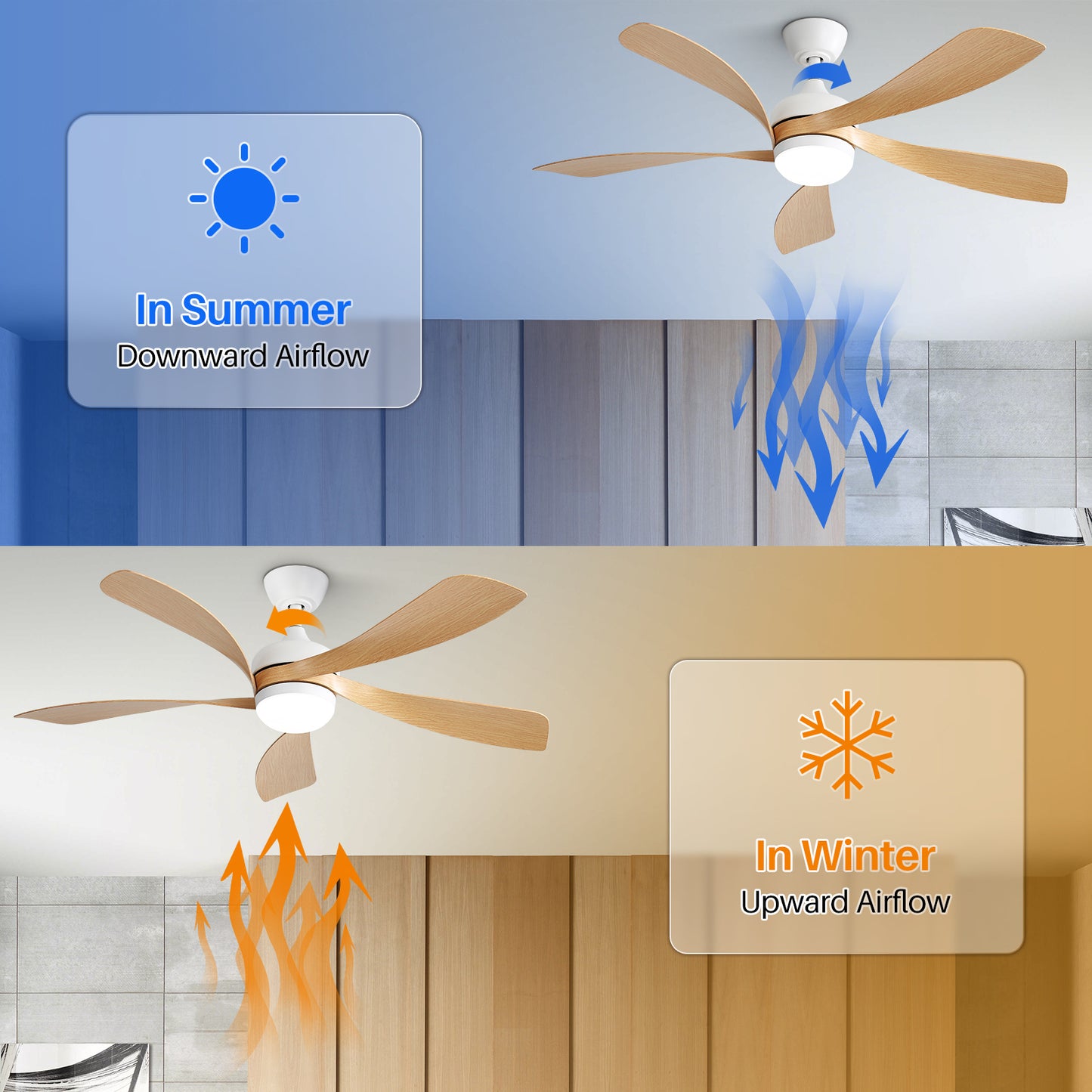 Silent 52 Inch Wooden Indoor Ceiling Fan with Smart LED Light and Reversible Motor for Bedroom