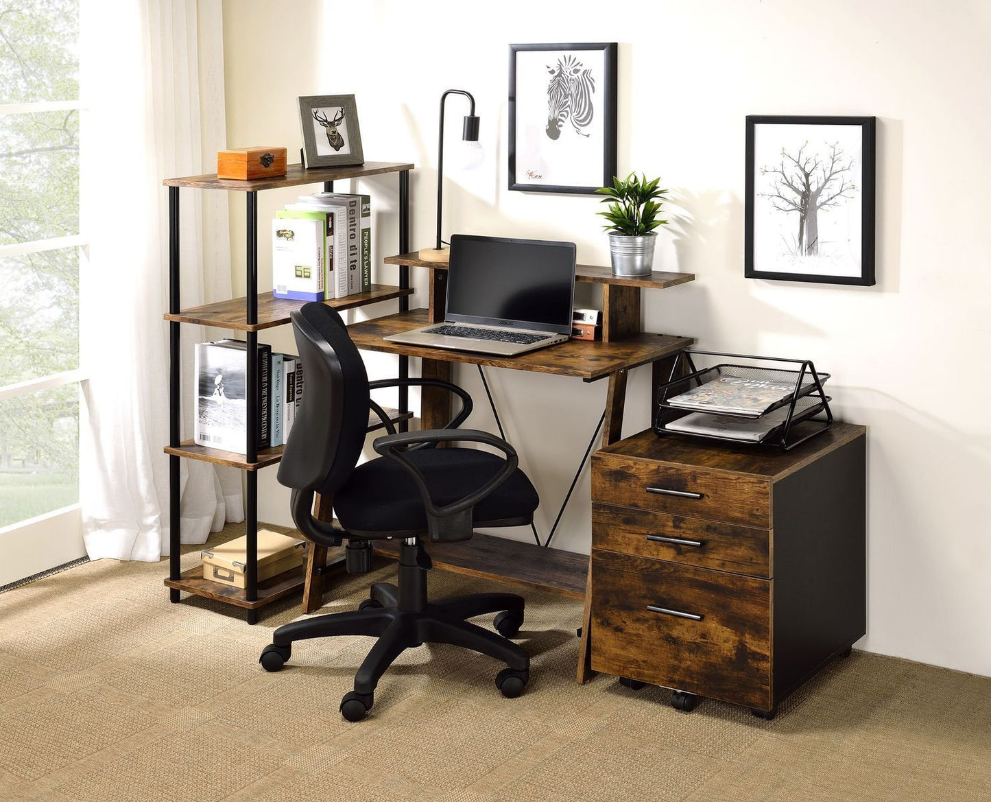 Rustic Oak Writing Desk with Industrial V-Shaped Frame