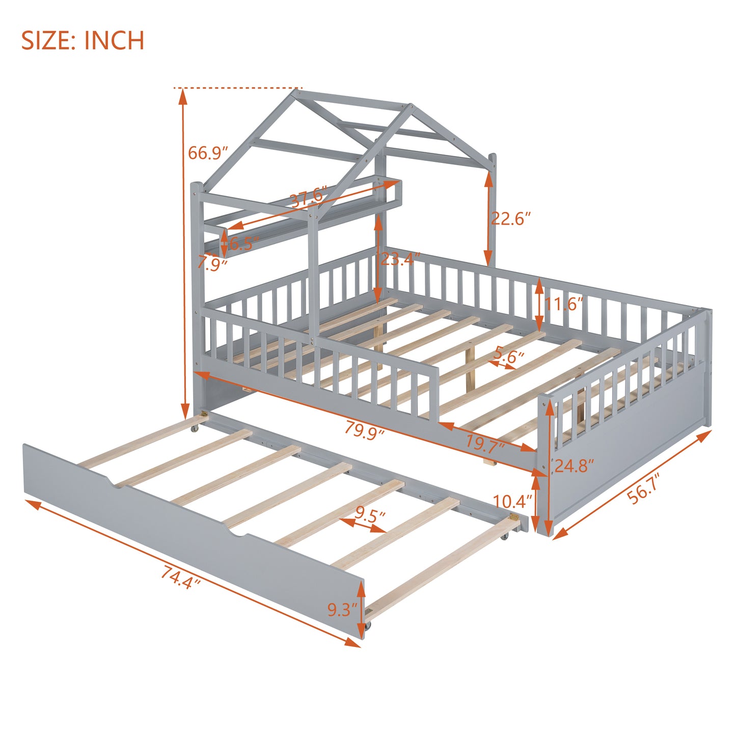 Wooden Full Size House Bed with Trundle,Kids Bed with Shelf,Grey