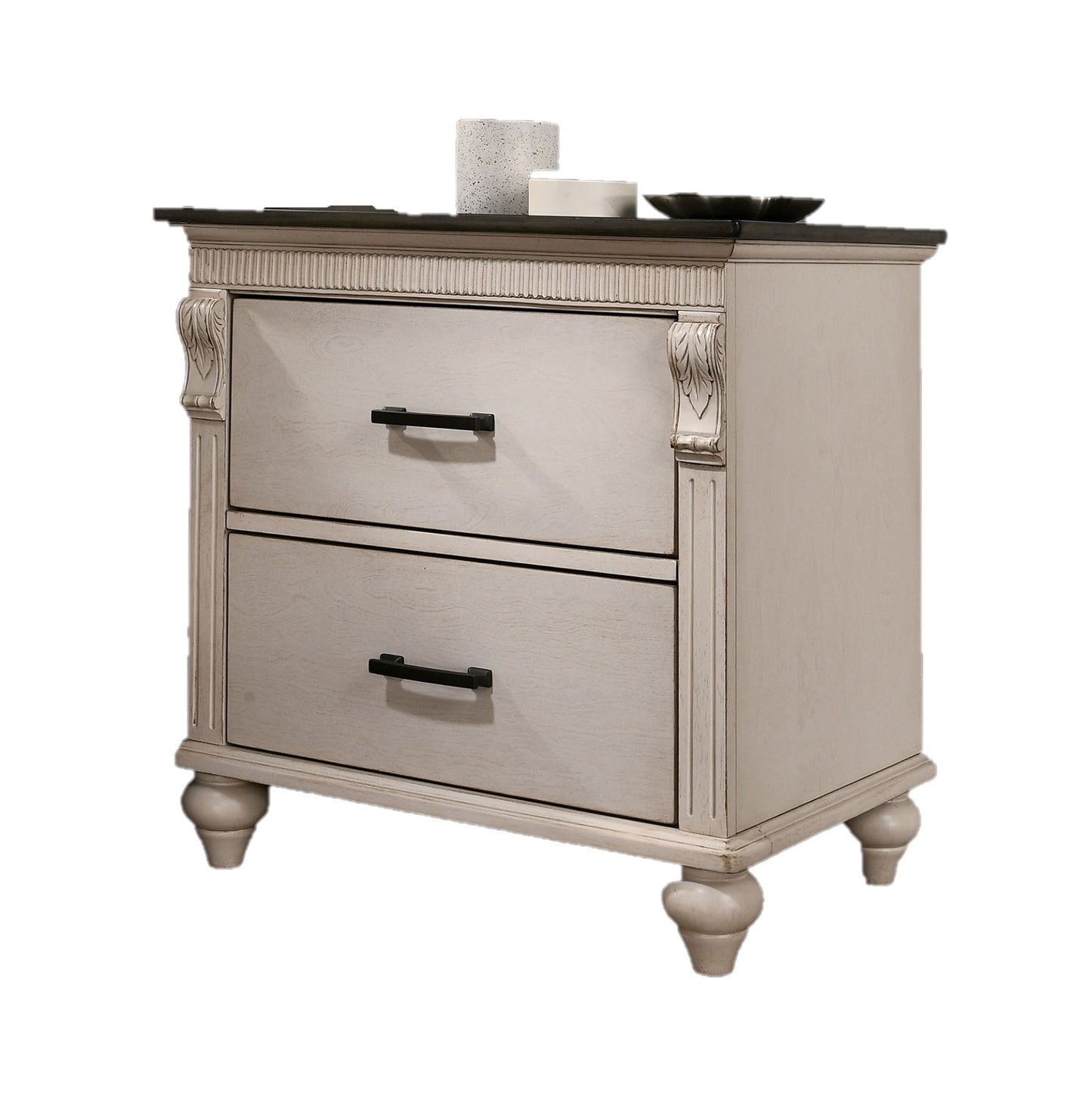 Antique White / Gray 1pc Nightstand Two-Tone Design Dark Bronze Bar Pull Pulls Solidwood Bedside Table Bedroom