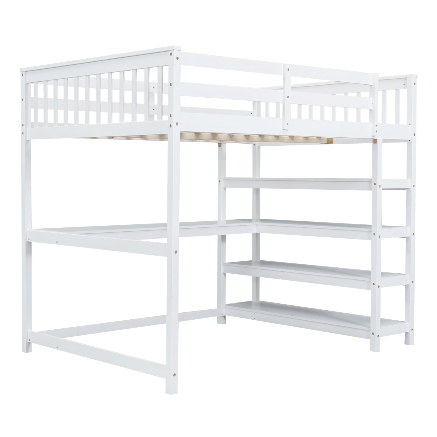 Full Size Loft Bed with Storage Shelves and Under-bed Desk, White