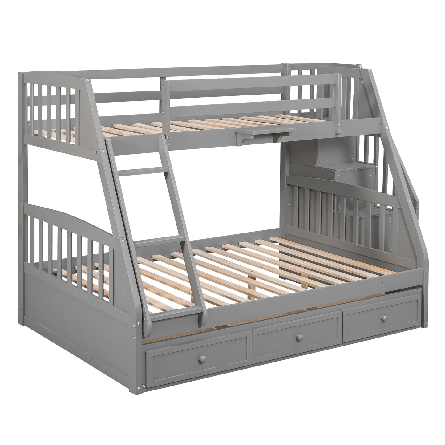 Gray Twin-Over-Full Bunk Bed with Storage Staircase, Ladder, and Drawers