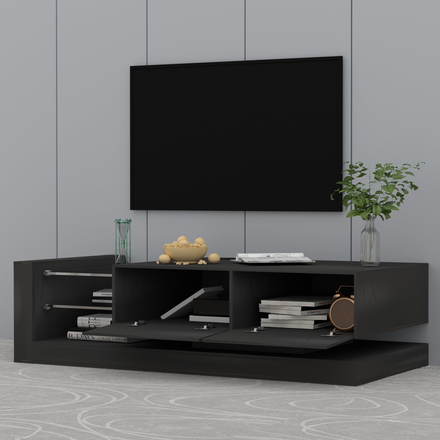 Modern Black TV Console with Remote and App Controlled RGB LED Lights and Storage Cabinets for 75 inches TV