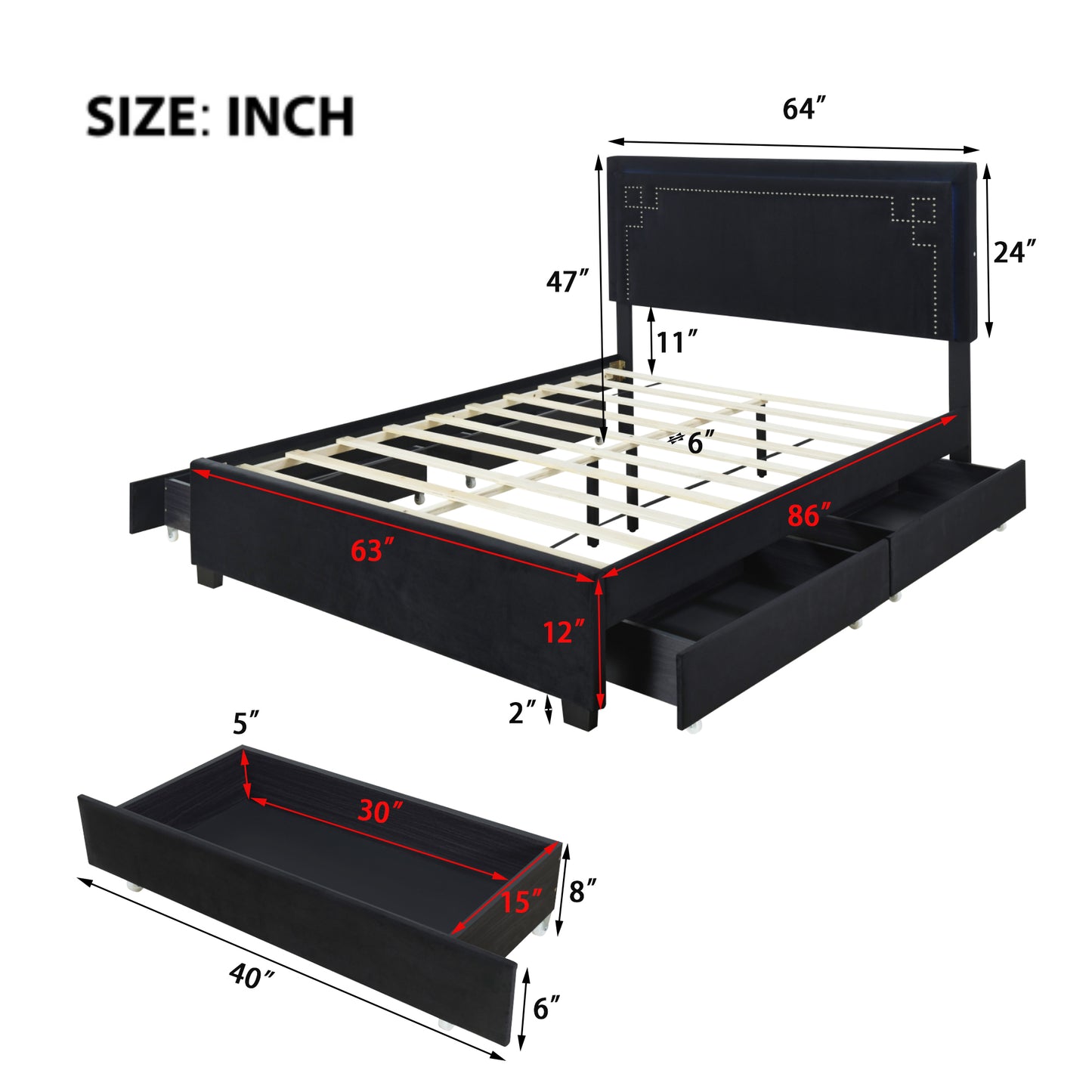 Queen Size Upholstered Platform Bed with Rivet-decorated Headboard, LED bed frame and 4 Drawers, Black