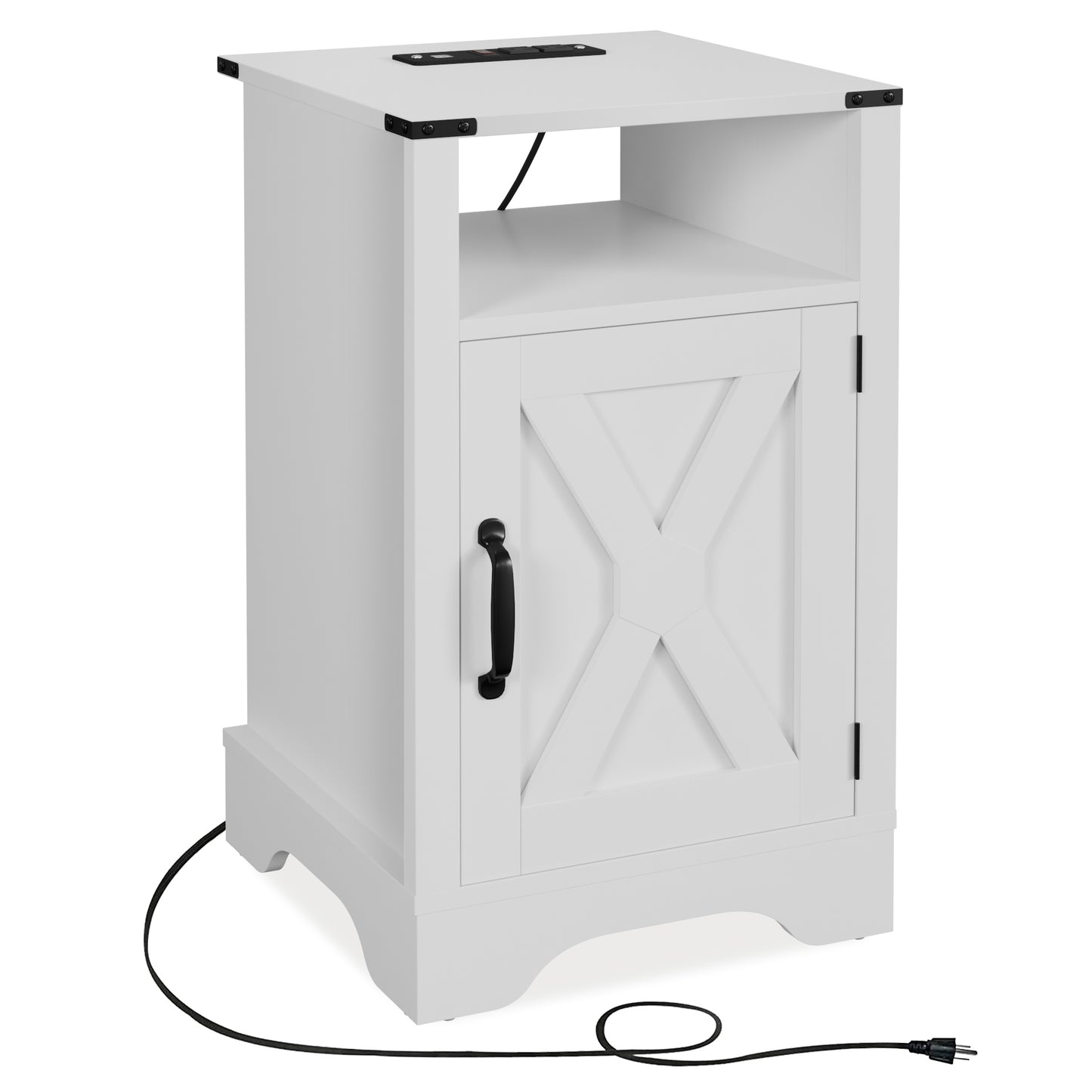 Farmhouse Nightstand Side Table, Wooden Rustic End Table, Tall Bedside Table with Electrical Outlets Charging Station  - White