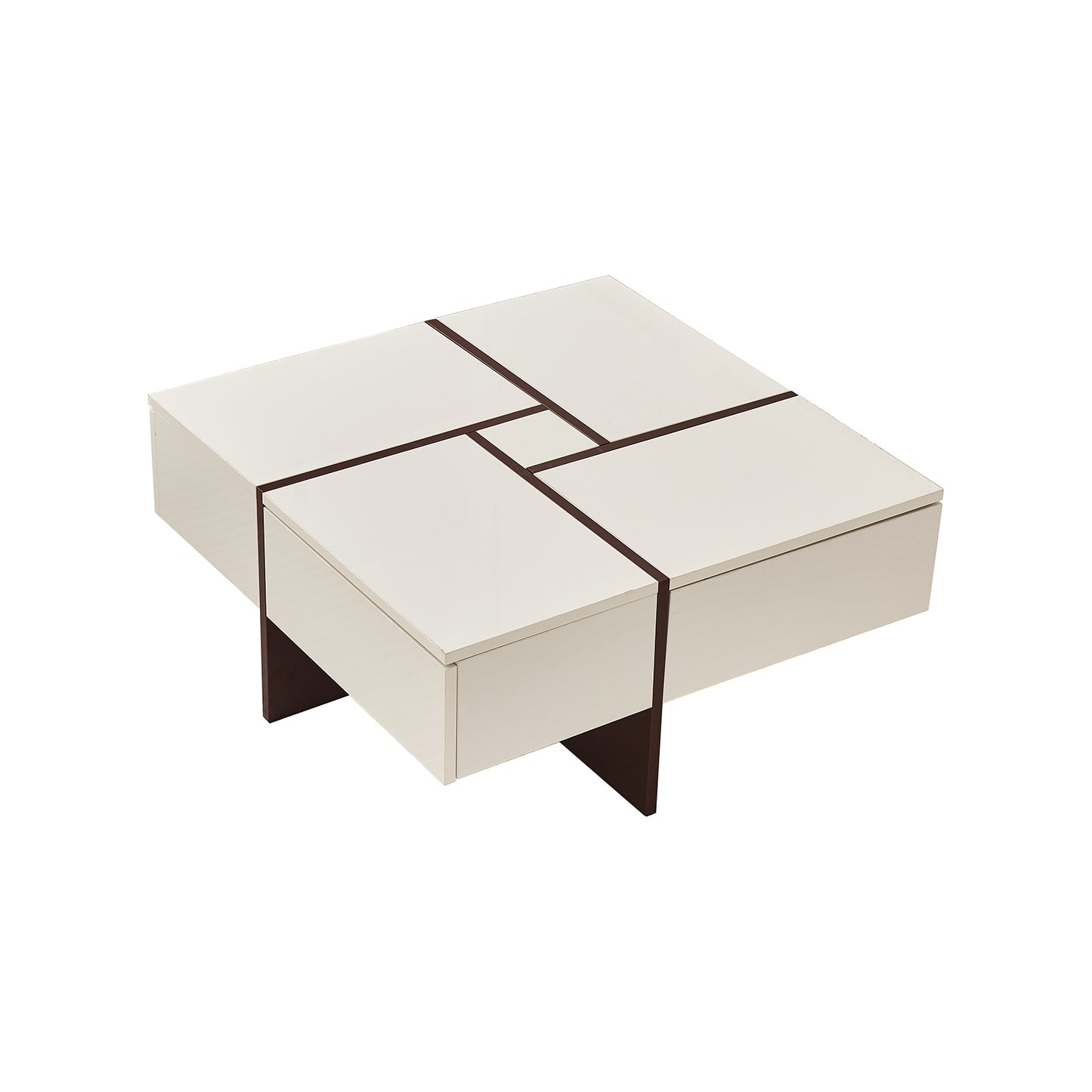 Elegant White & Walnut Square Coffee Table with 4 Drawers