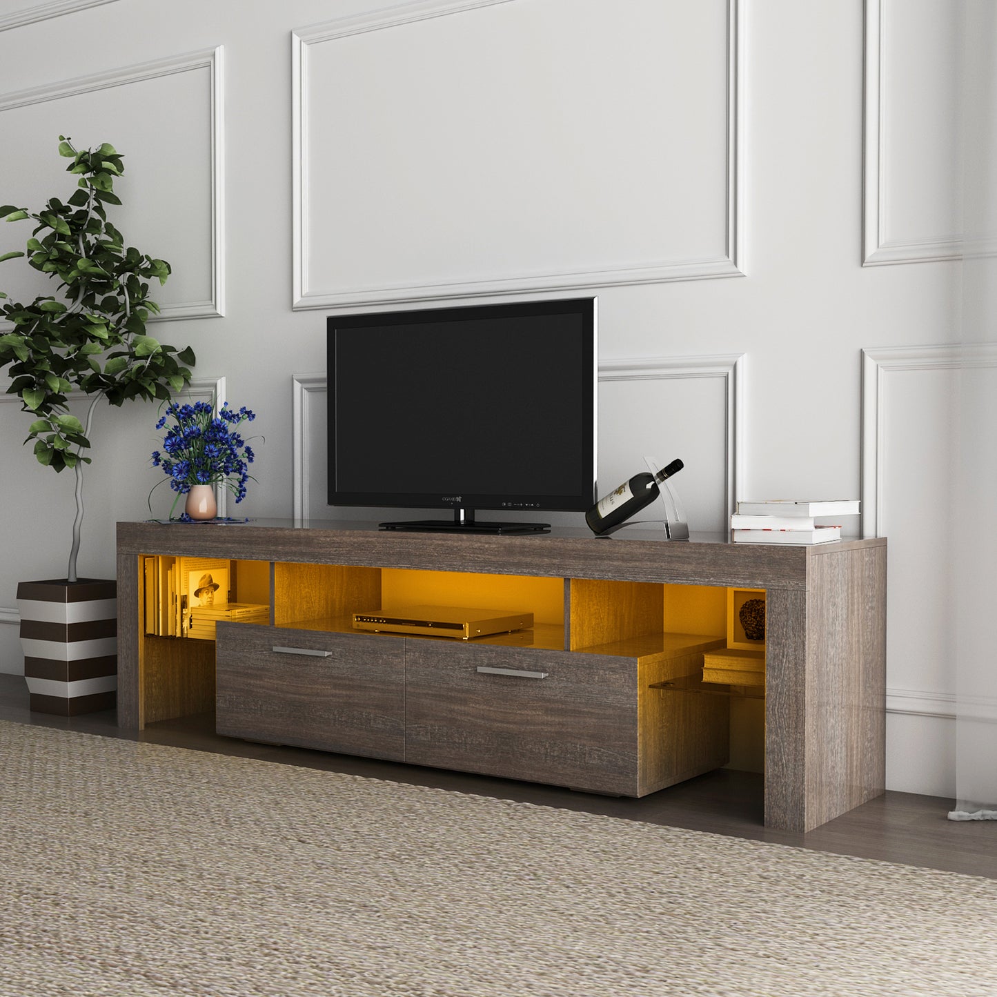 Brown Modern TV Stand with LED Lights & Toughened Glass Shelf