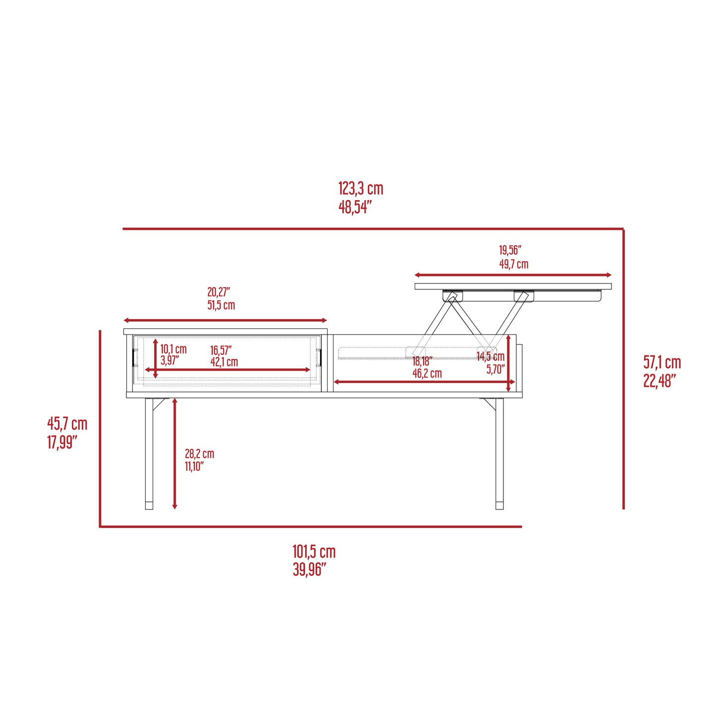 Rectangular Dark Walnut Coffee Table with Liftable Top and Drawer