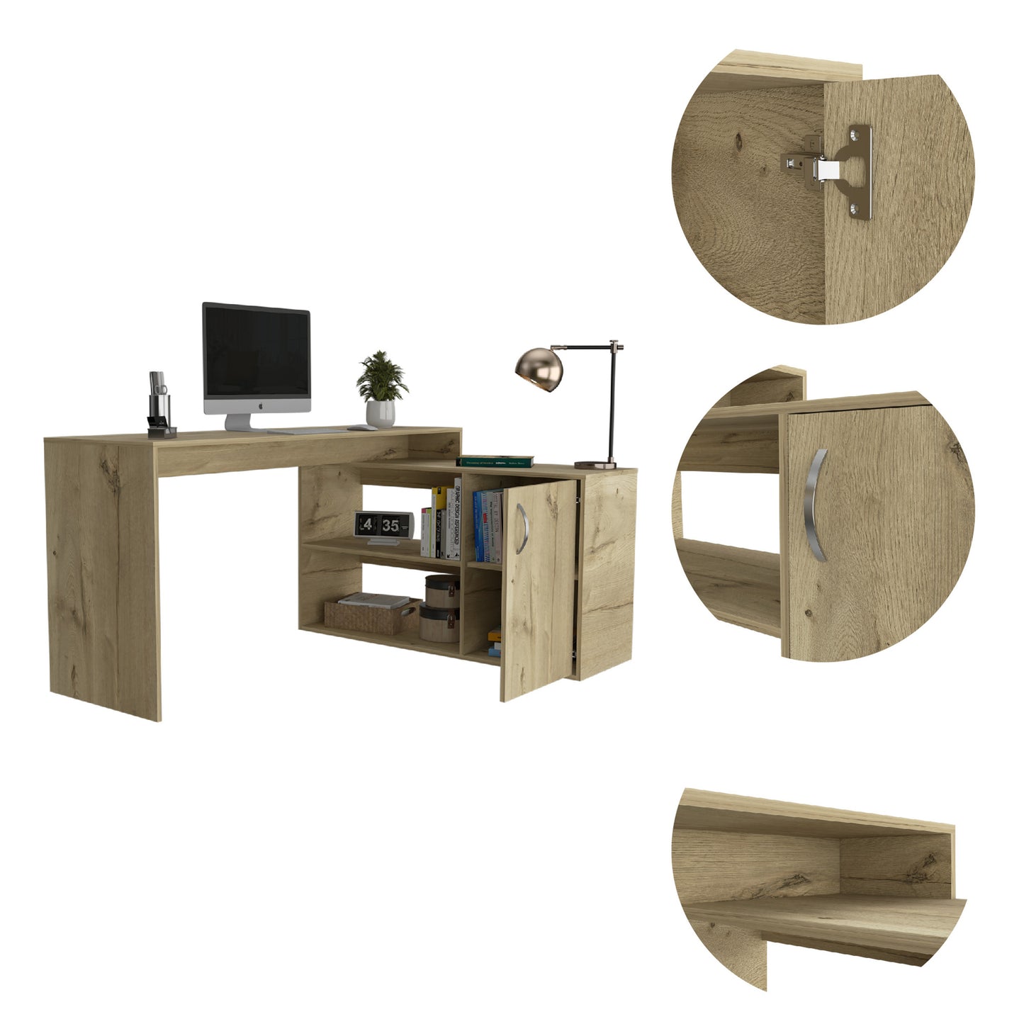 Lyncliff Light Oak L-Shaped Office Desk with Drawer, Shelves, and Storage