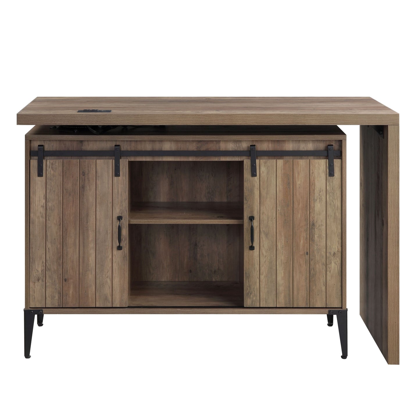 Rustic Oak Writing Desk with USB Port and Sliding Barn Door