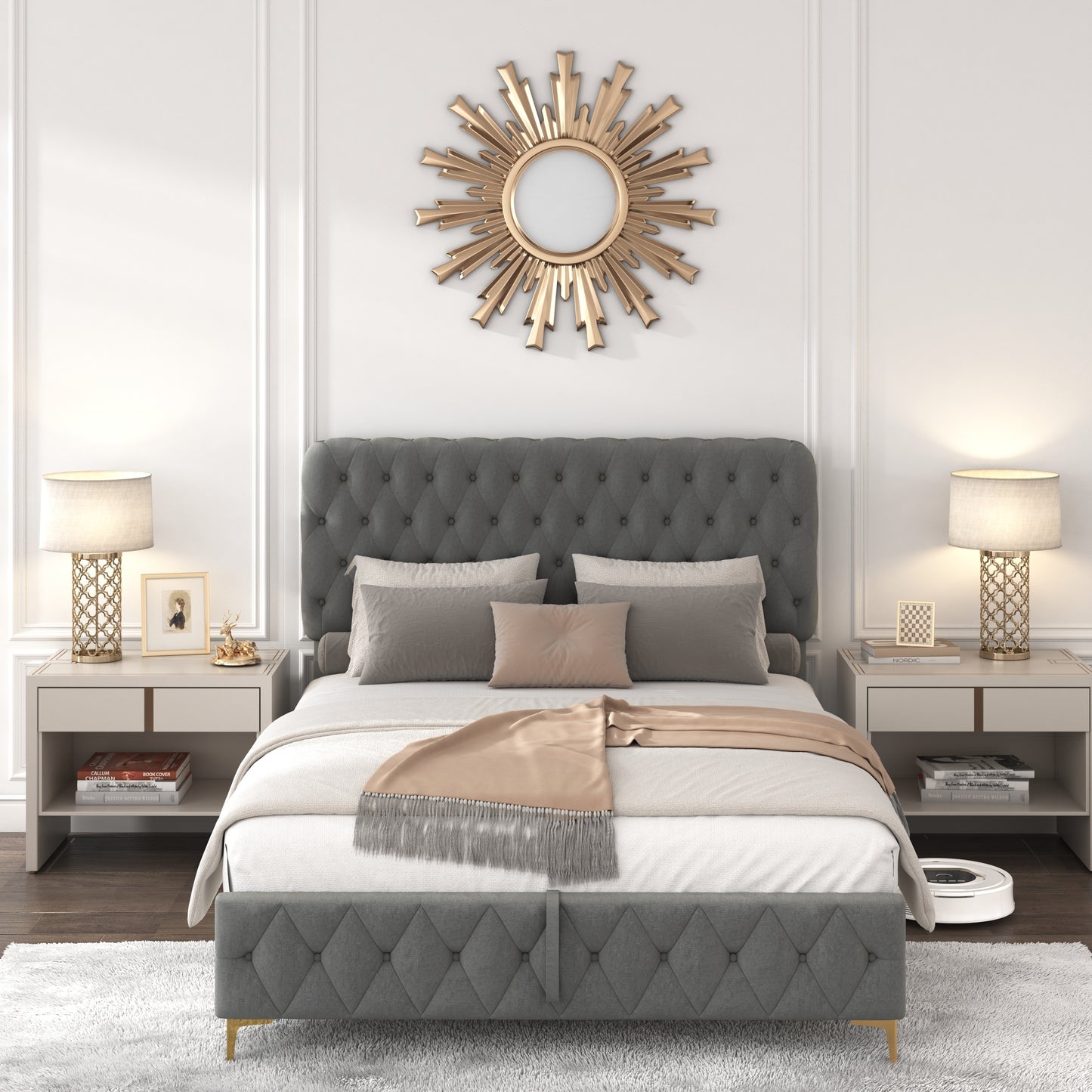 Full Platform Bed Frame With pneumatic hydraulic function, Velvet Upholstered Bed with Deep Tufted Buttons, Lift up storage bed With Hidden Underbed Oversized Storage,  Gray