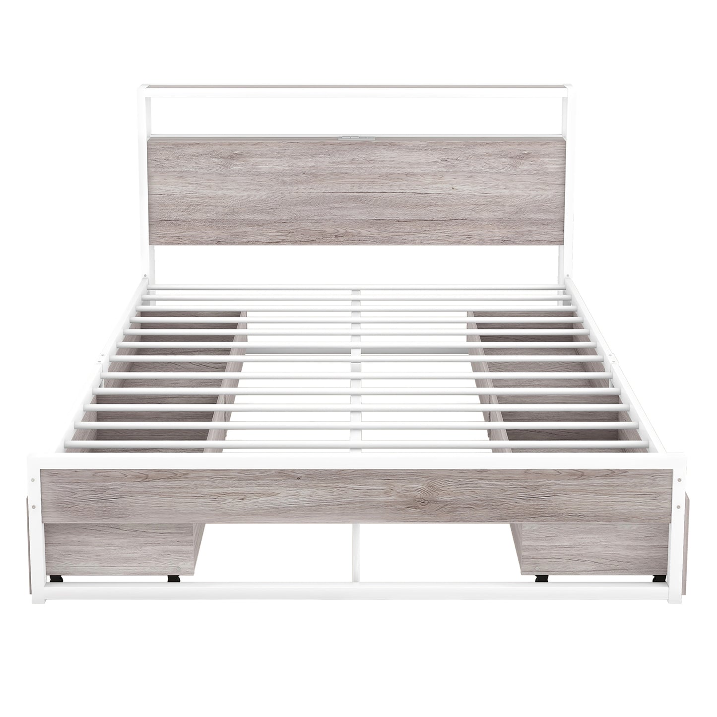 Queen Size Metal Platform Bed Frame with Four Drawers,Sockets and USB Ports ,Slat Support No Box Spring Needed White