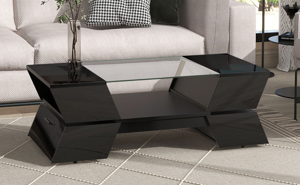 Modernist 2-Tier Glass Coffee Table with Storage Shelves and Cabinets, Contemporary Black Center Table for Living Room