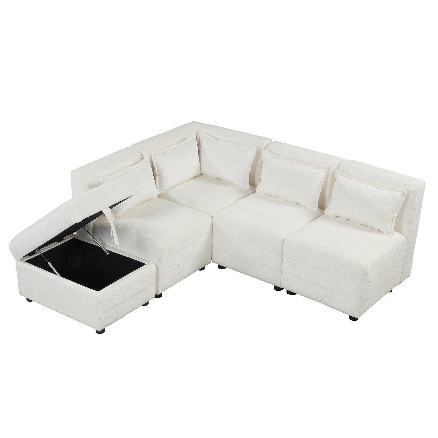 Cream 5-Seater Modular Sectional Sofa with Storage Ottoman and 5 Pillows