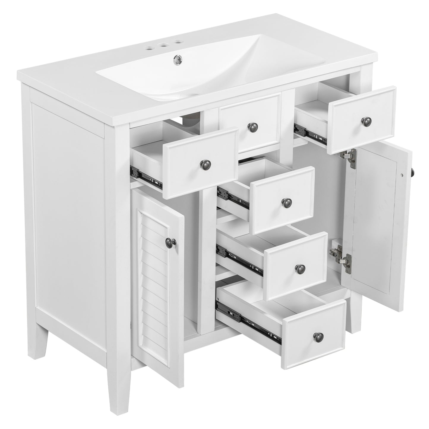 36" Bathroom Vanity with Ceramic Basin, Two Cabinets and Five Drawers, Solid Wood Frame, White