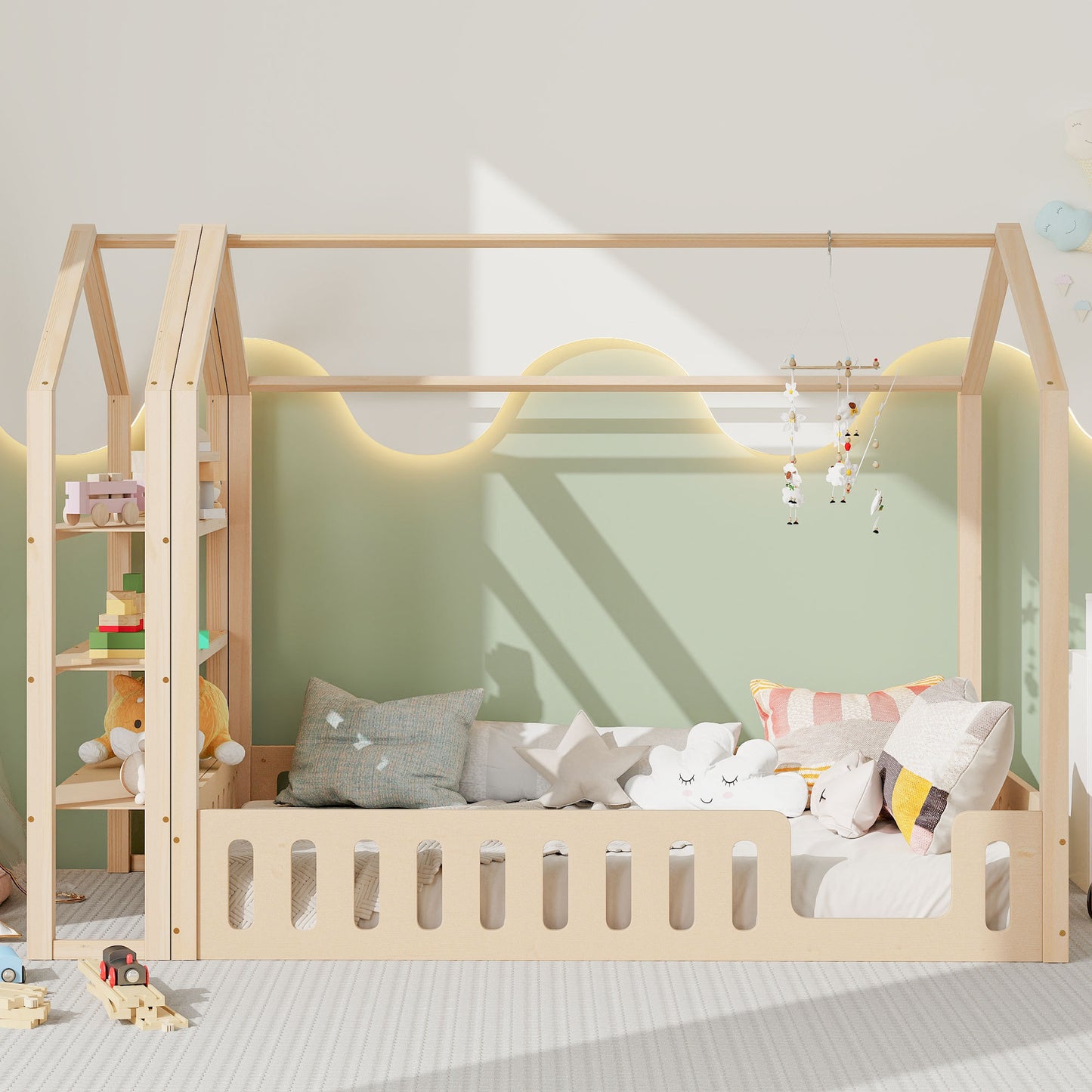 Full Size Wood House Bed with Fence and Detachable Storage Shelves, Natural (Expected Arrival Time: 1.7)