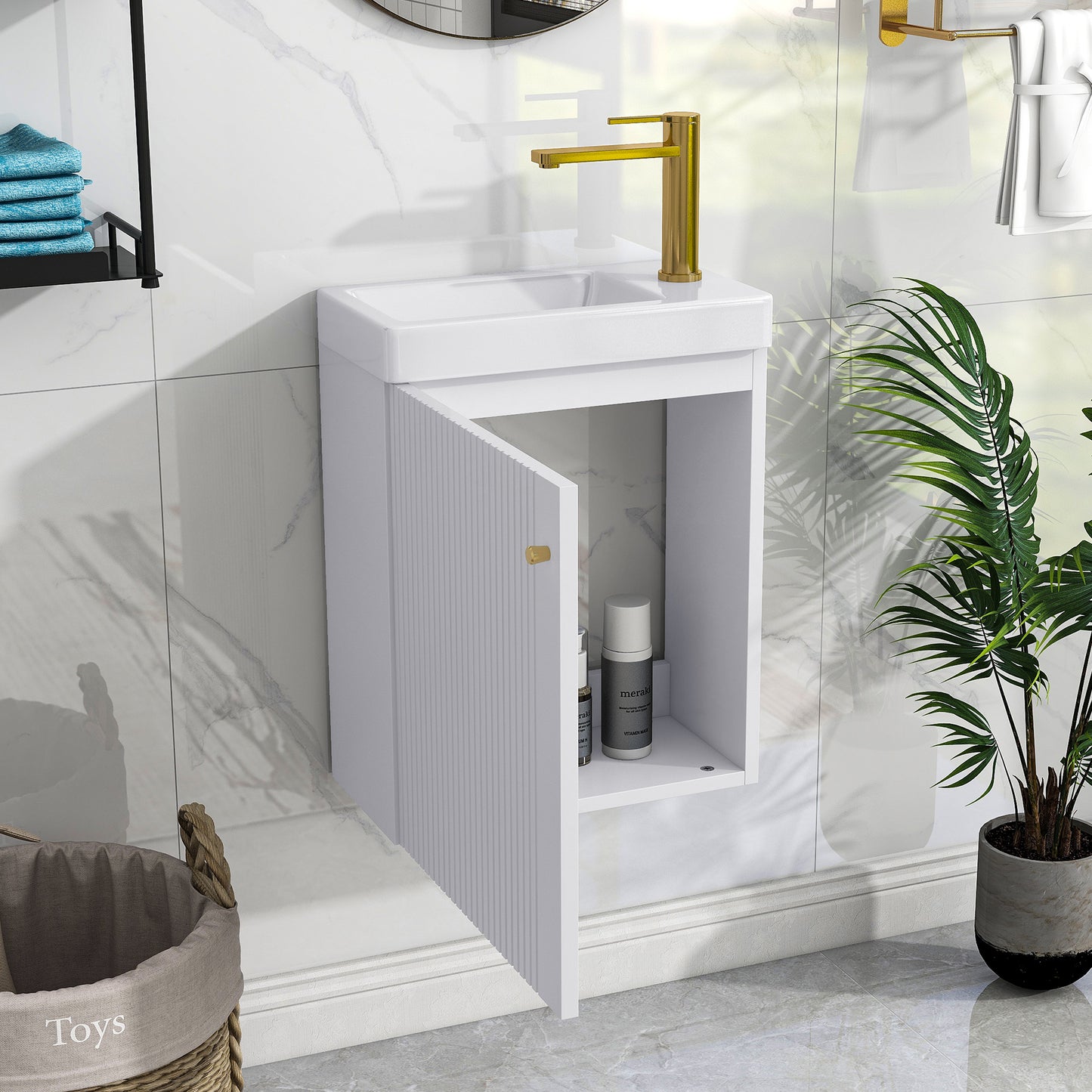 Contemporary 16" White Wall-Mounted Bathroom Vanity Combo Cabinet with Ceramic Basin - Ideal for Small Bathrooms