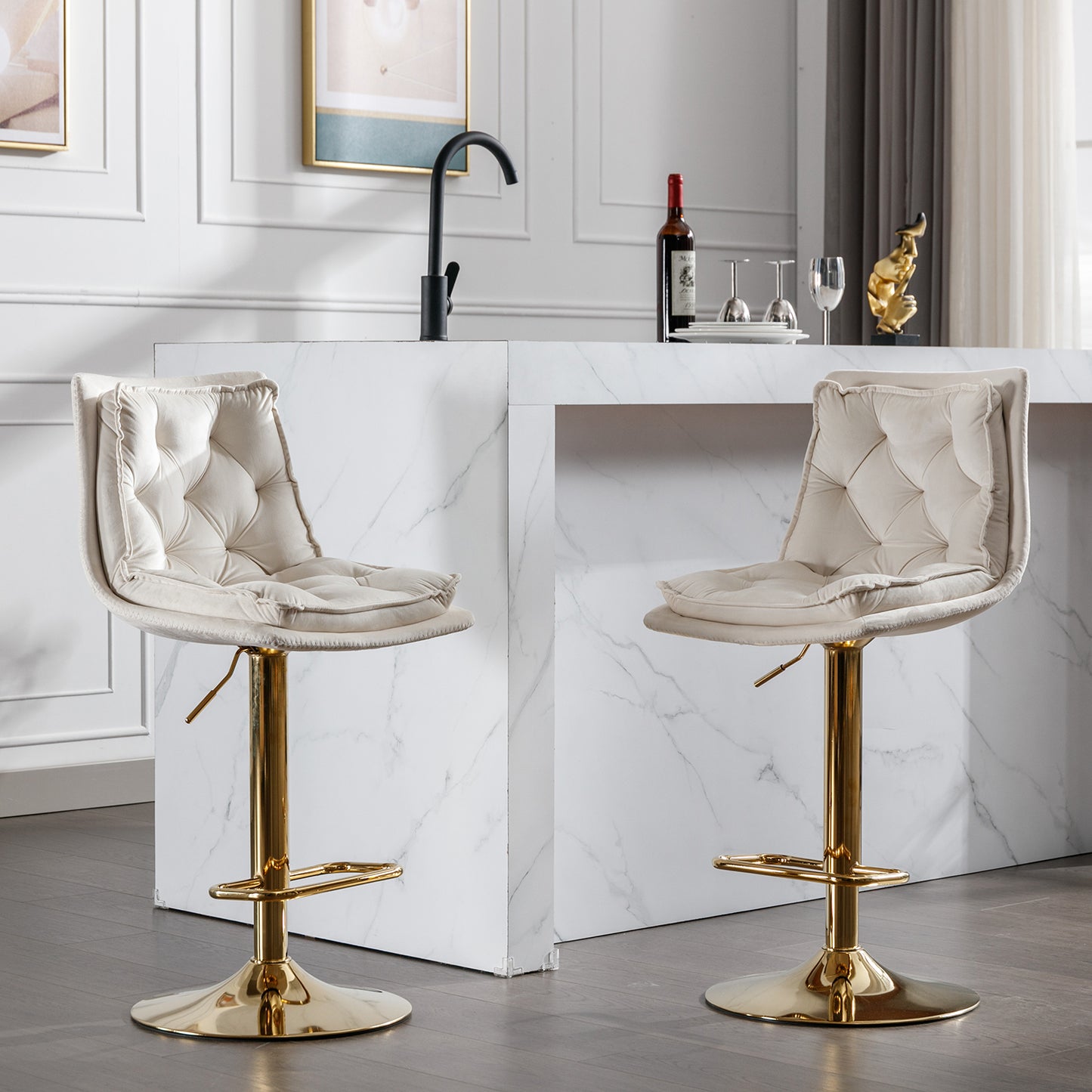 Set of 2 Bar Stools,with Chrome Footrest and Base Swivel Height Adjustable Mechanical Lifting Velvet + Golden Leg Simple Bar Stoo,cream