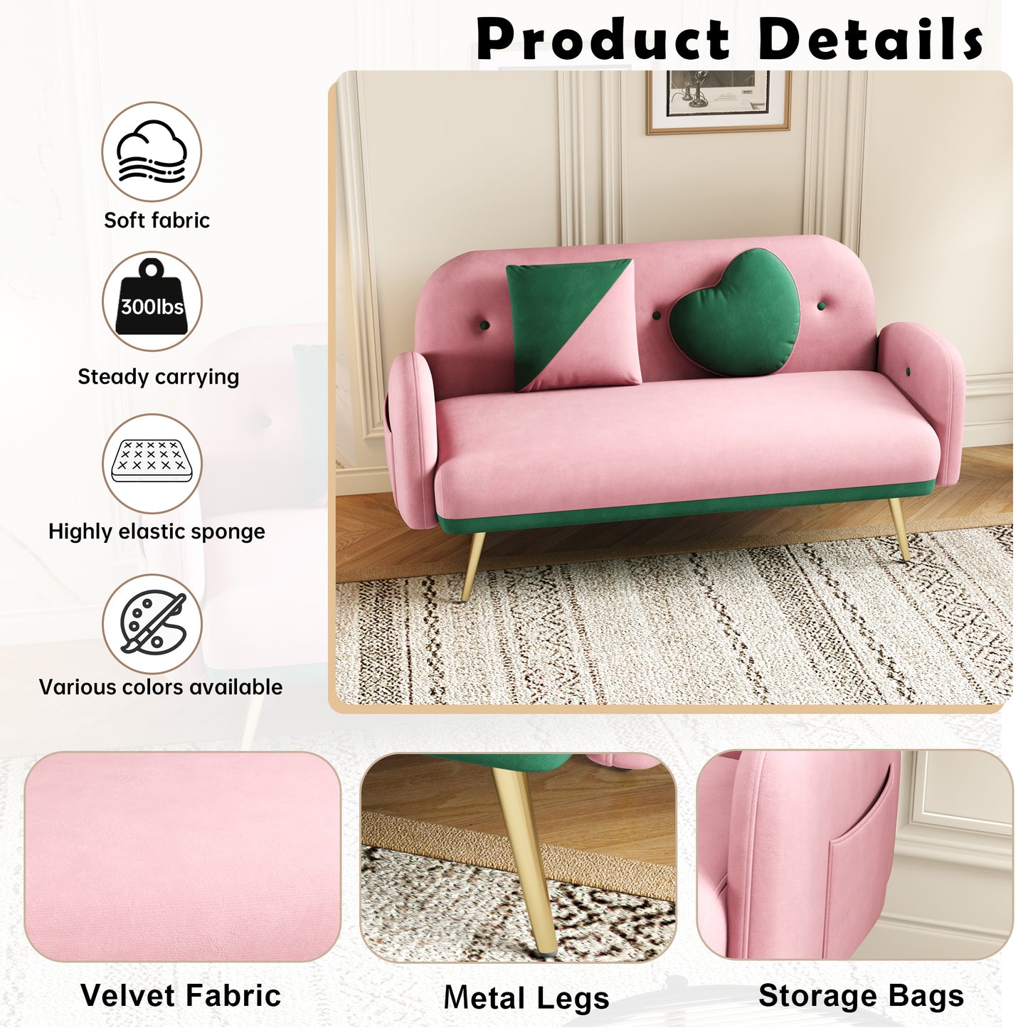 58 Pink Velvet Sofa with 2 Pillows for Small Spaces