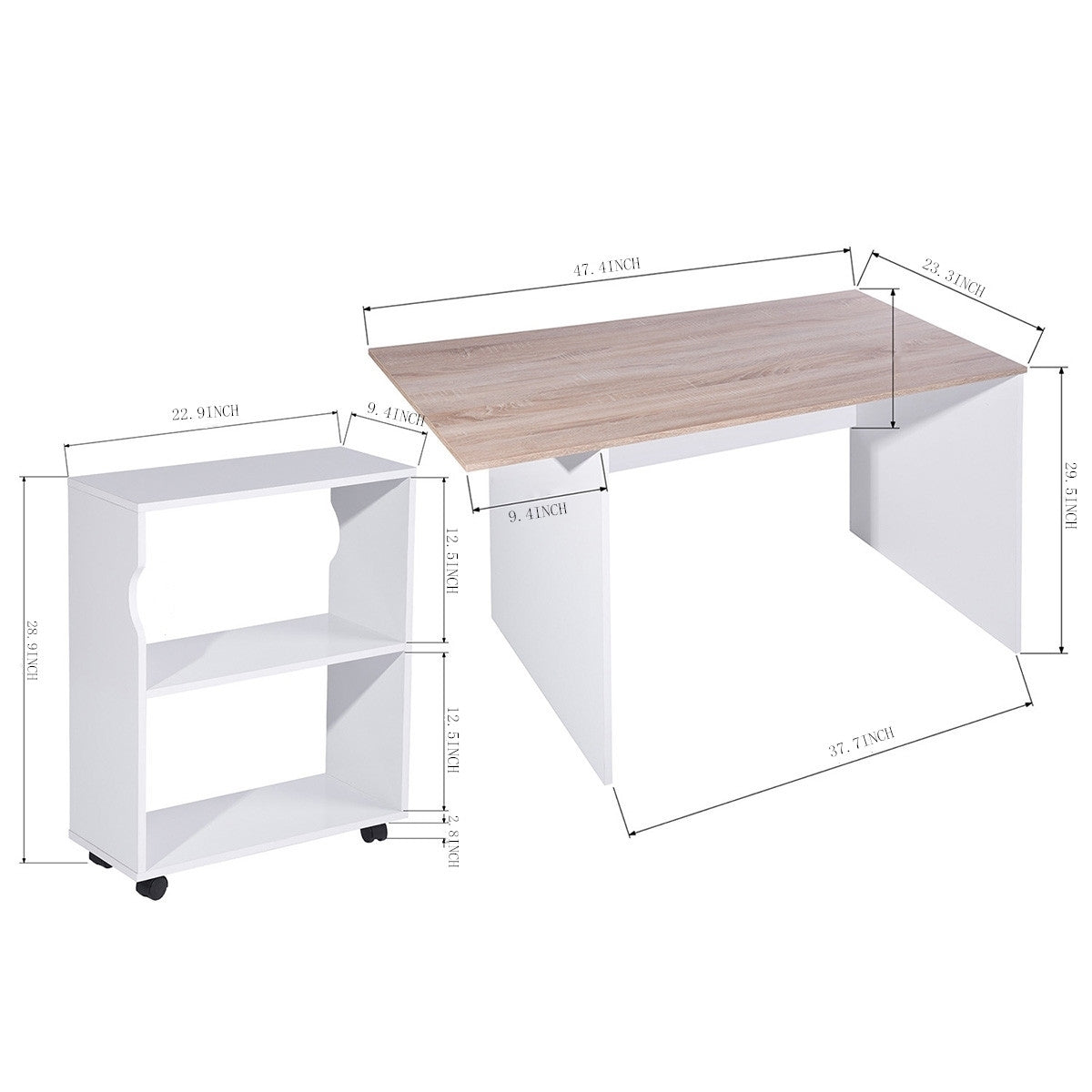 Oak & White Modern Computer Desk with Removable Bookcase - 47.4 L