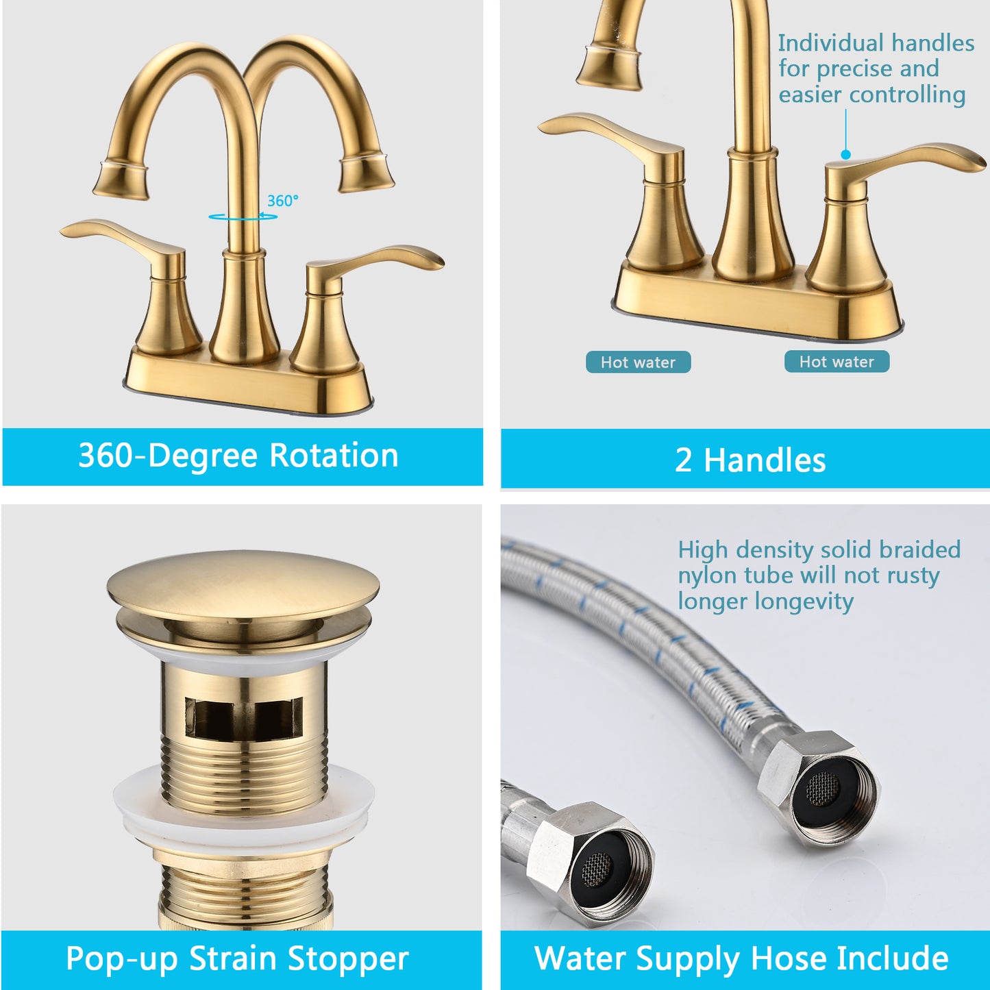 Swivel Spout 4 Centerset Bathroom Faucet - Brushed Gold with Pop Up Drain