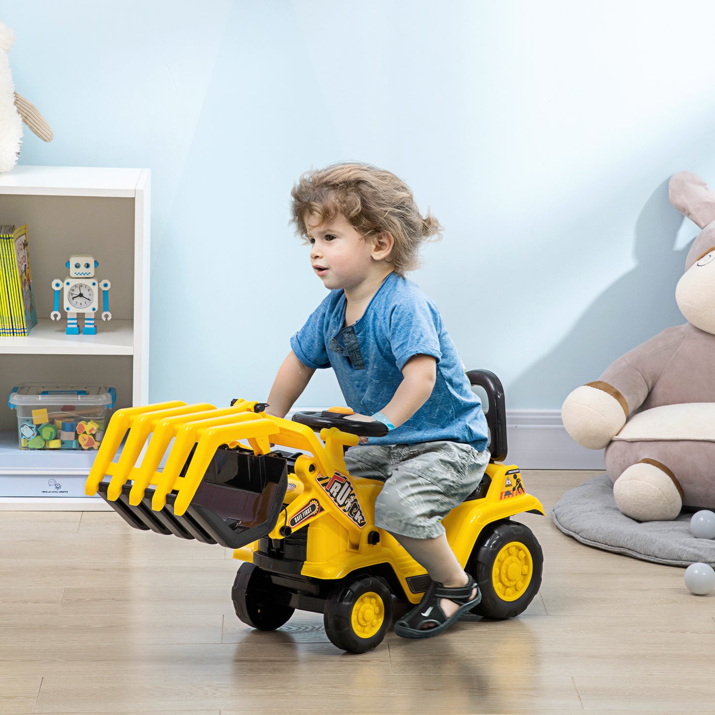 Kids Excavator Ride-on Pulling Cart with Sound Effects and Under-Seat Storage